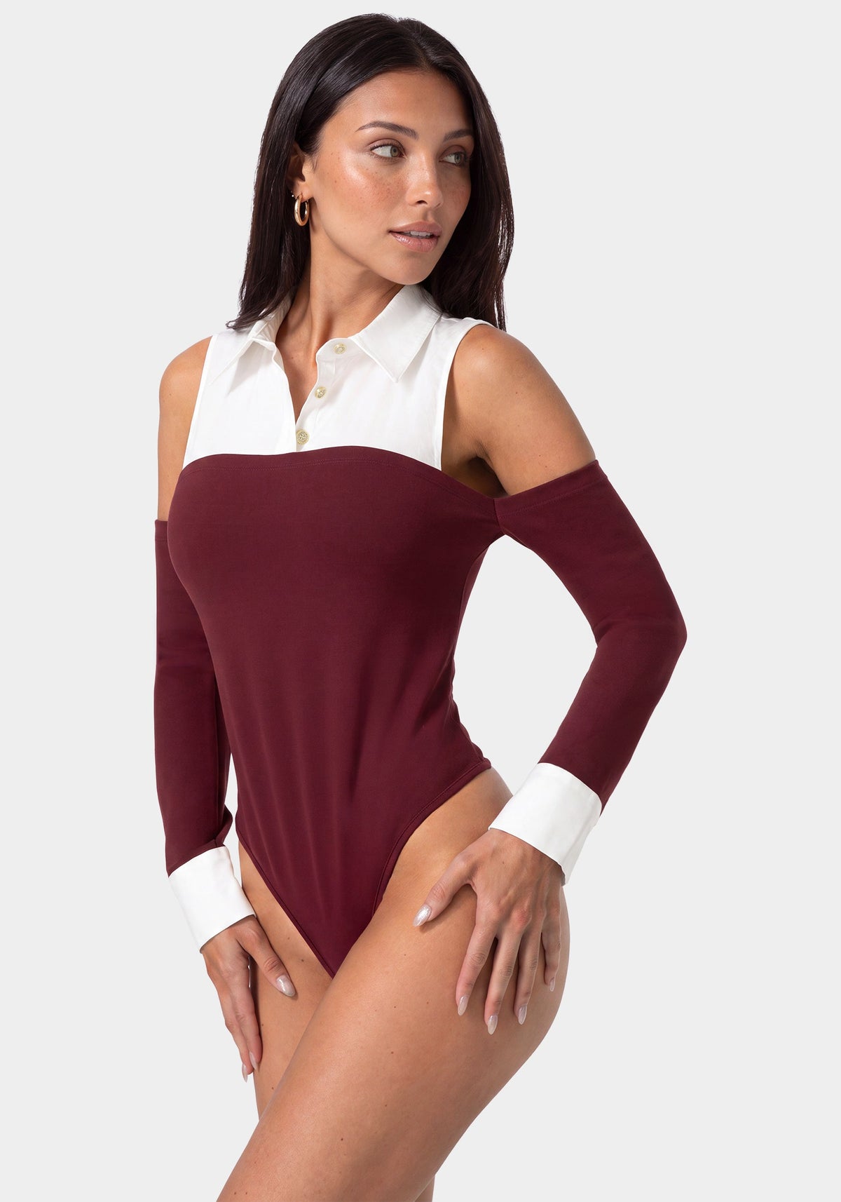 Shirting Look Bodysuit Dark Cherry/White - bebe