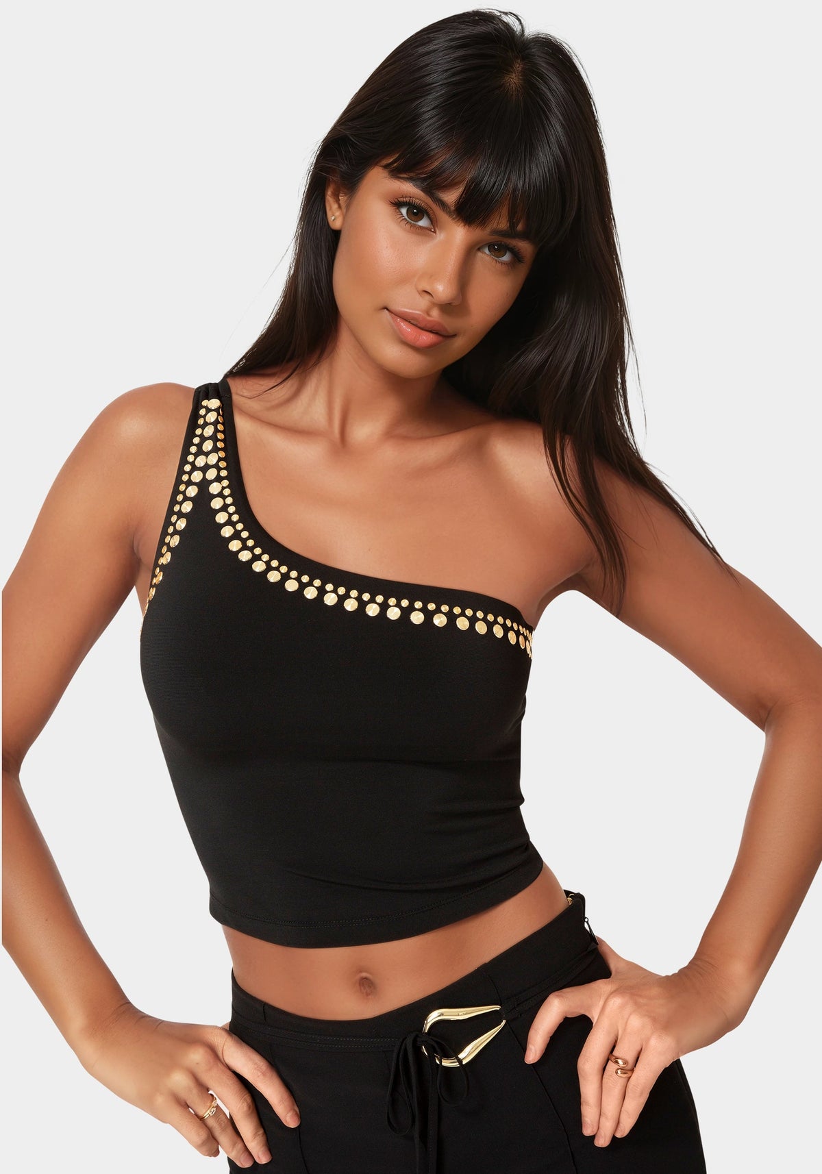 One Shoulder Studs Knit Top Black - bebe