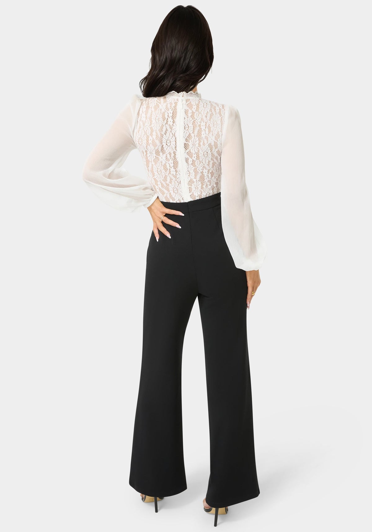 Lace Top Straight Leg Jumpsuit White/Black - bebe