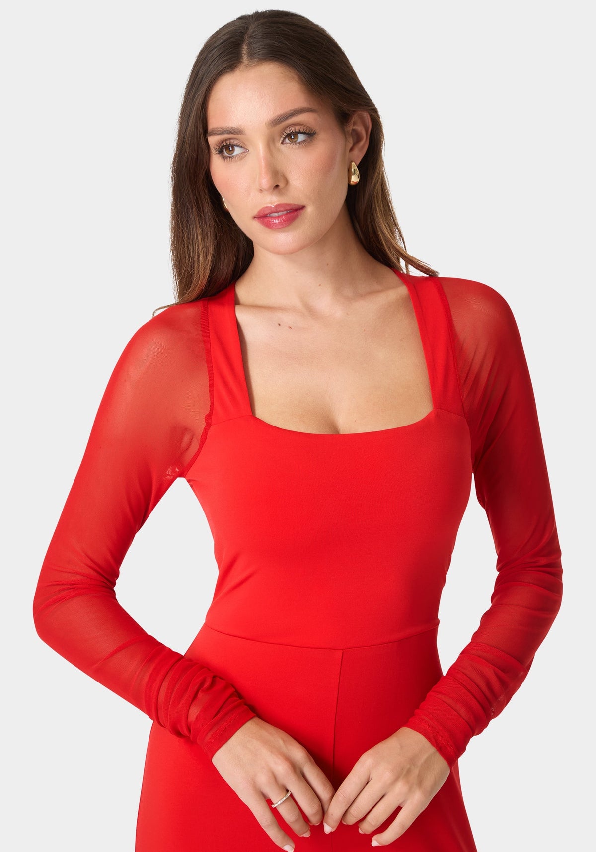 Mesh Long Sleeve Jumpsuit Red - bebe