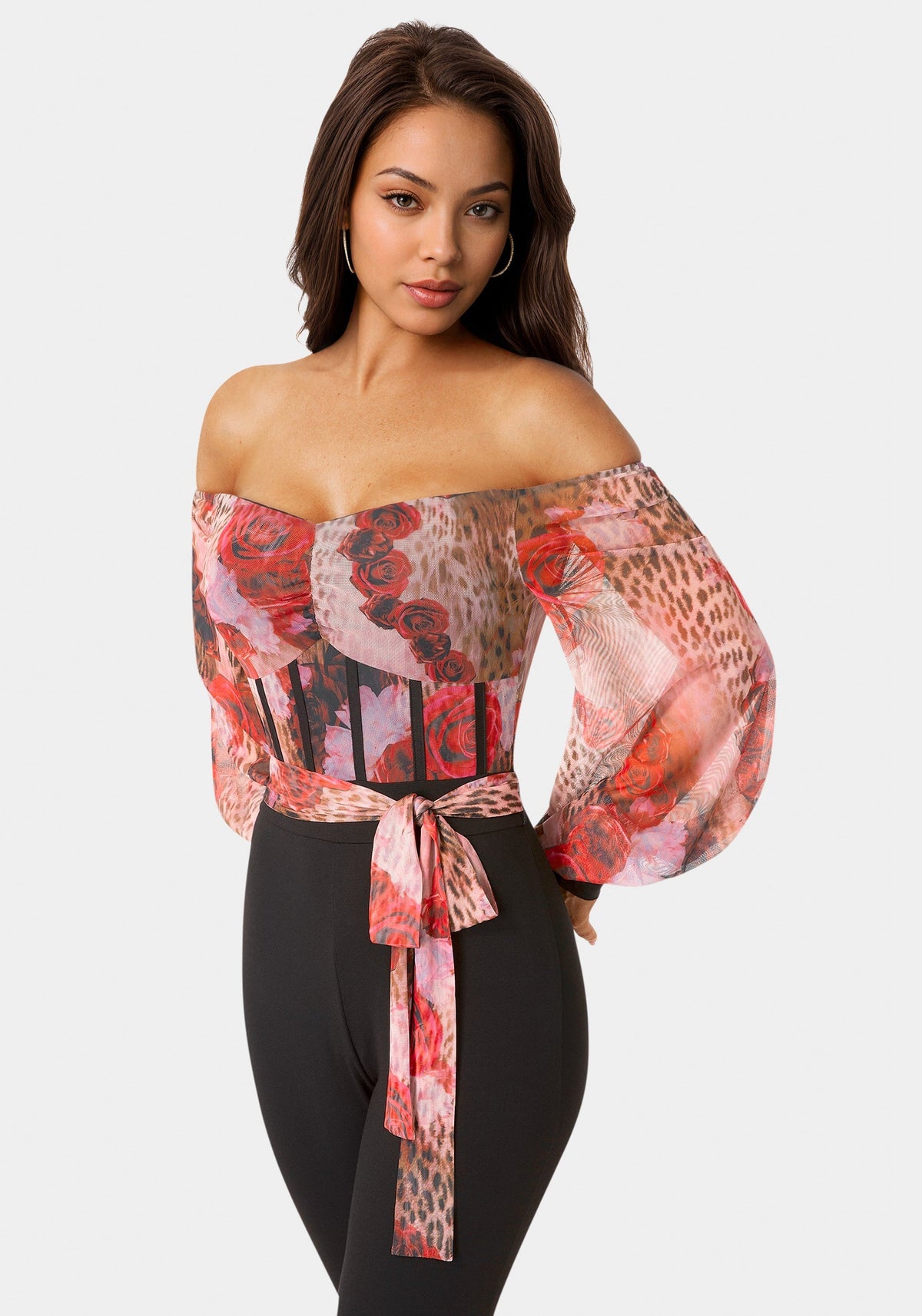 Mesh Off Shoulder Catsuit Rose Instinct - bebe
