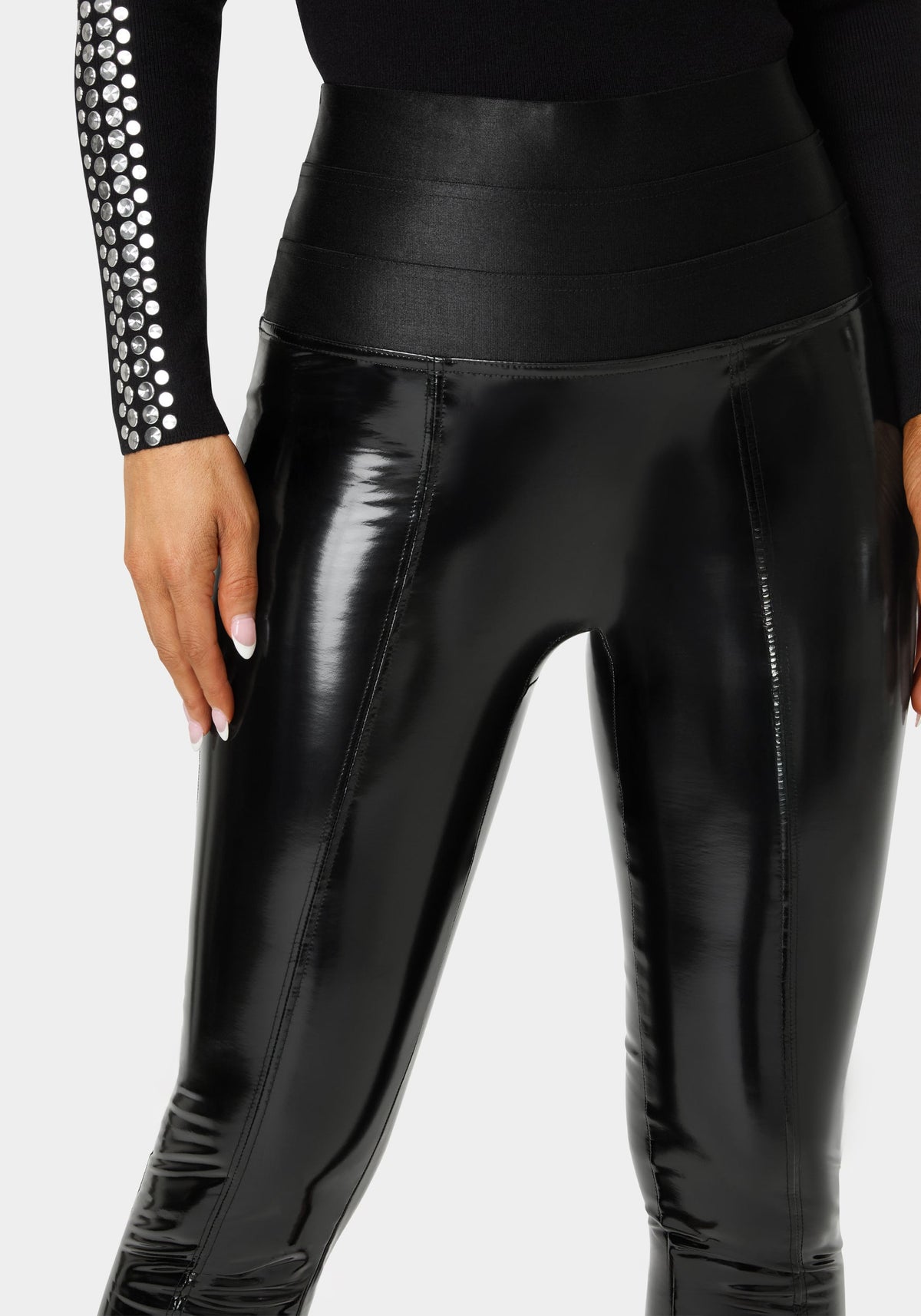 High Waist Elastic Waistband Shiny Vegan Leather Legging Black - bebe