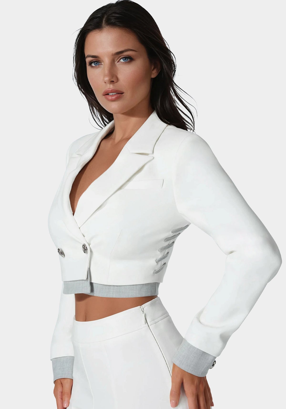 Cropped Eyelet Blazer White Alyssum/Grey - bebe