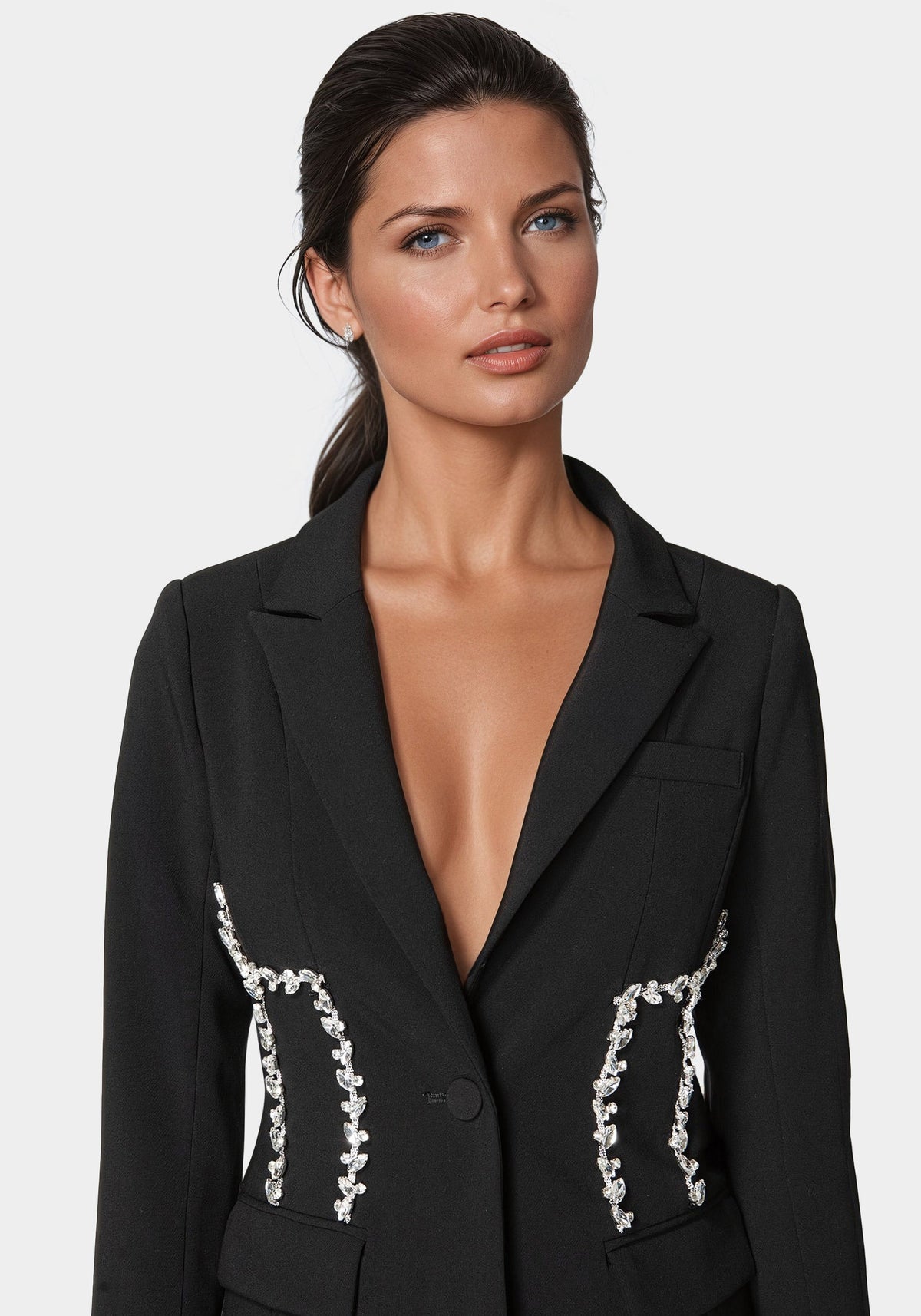 Rhinestone Detail Woven Twill Blazer Black - bebe
