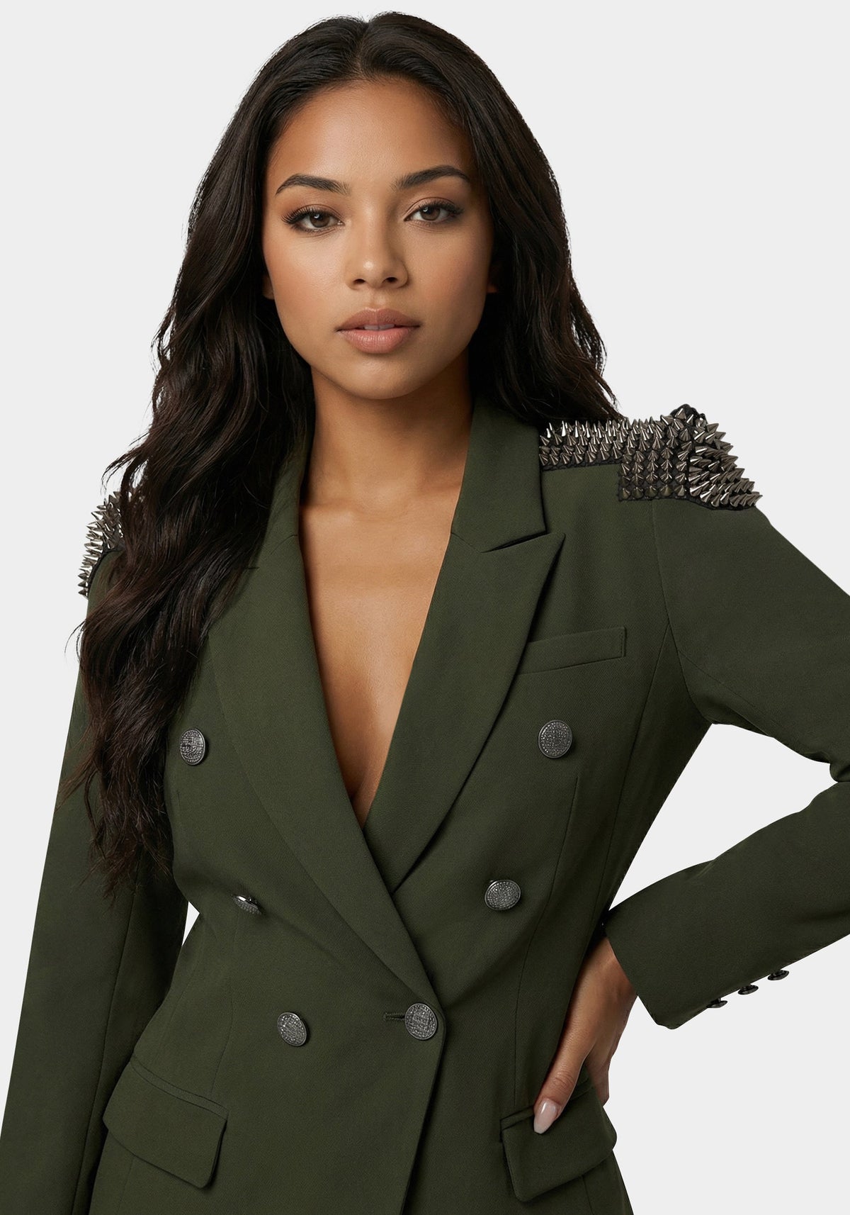 Studded Shoulder Double Breast Tailored Blazer Olive - bebe