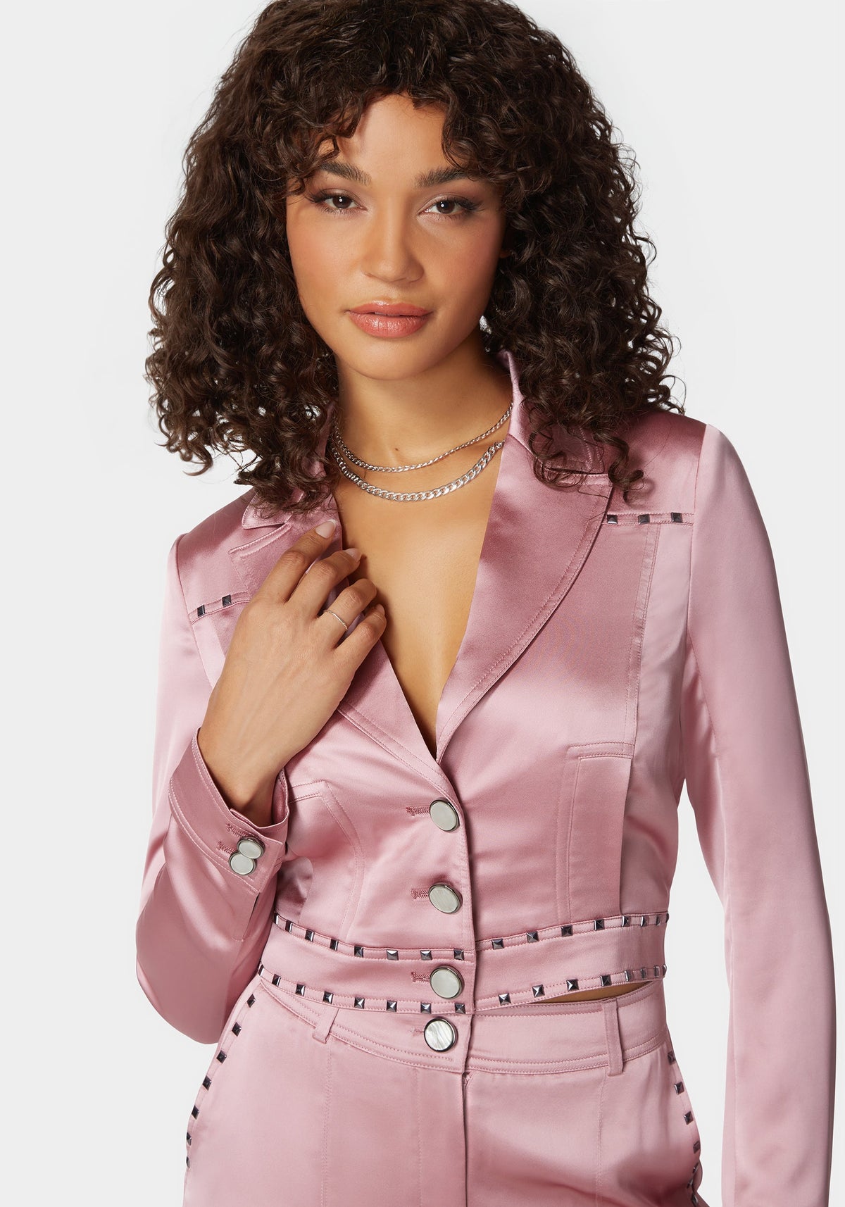 Stud Detail Tailored Satin Blazer Lilas - bebe