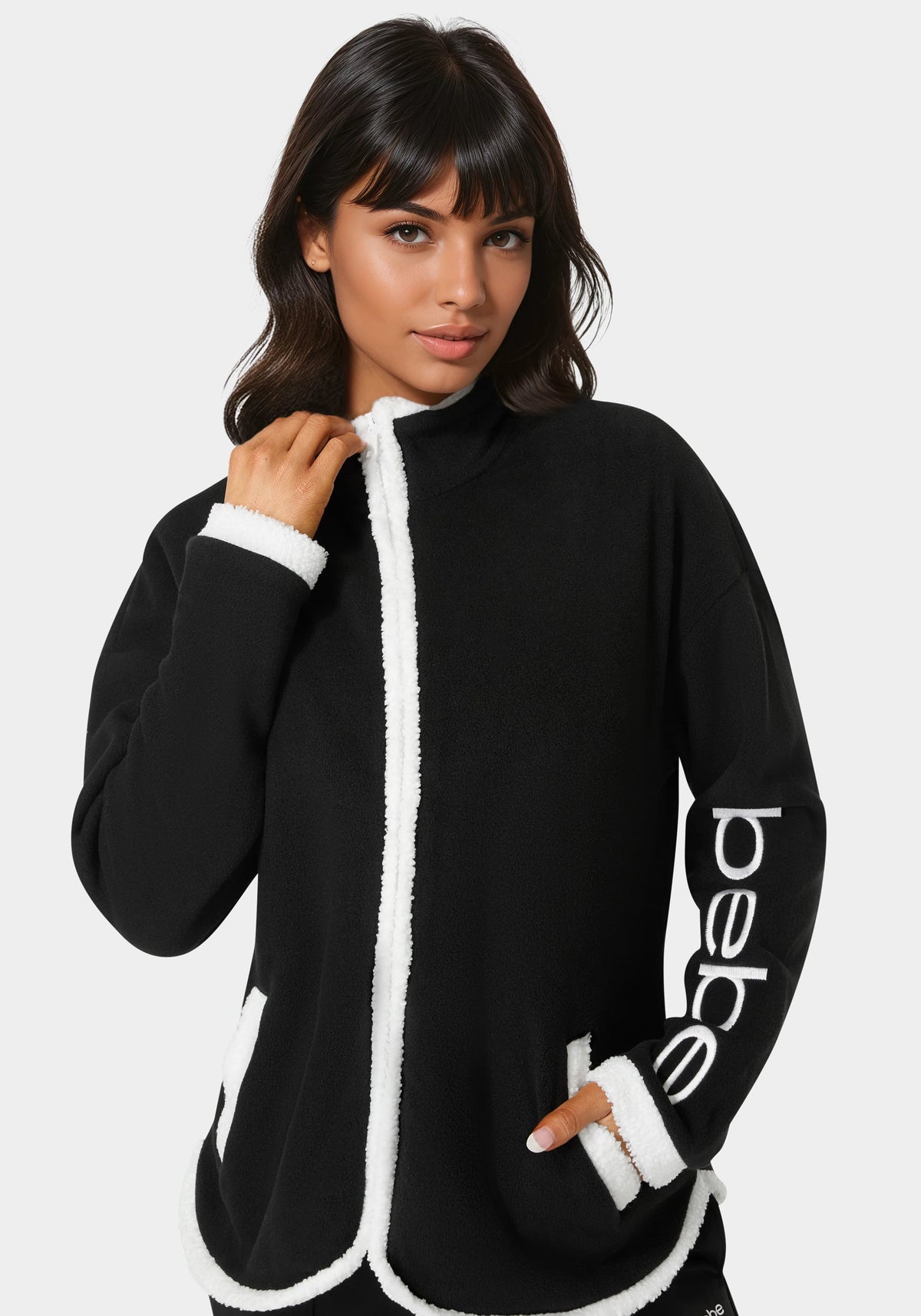 Polar Fleece Jacket With Teddy Fur Trim Black/White - bebe