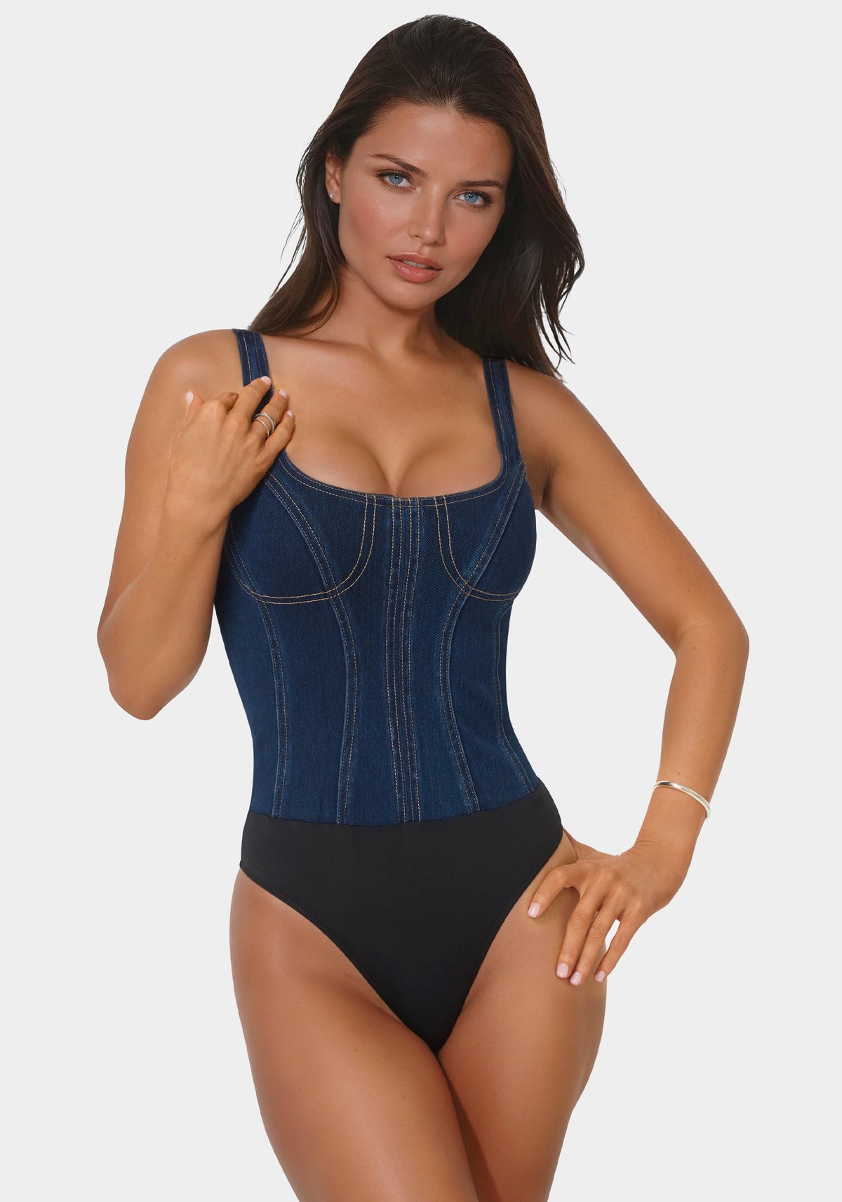 Fitted Denim Bodysuit Midnight Blue Wash - bebe