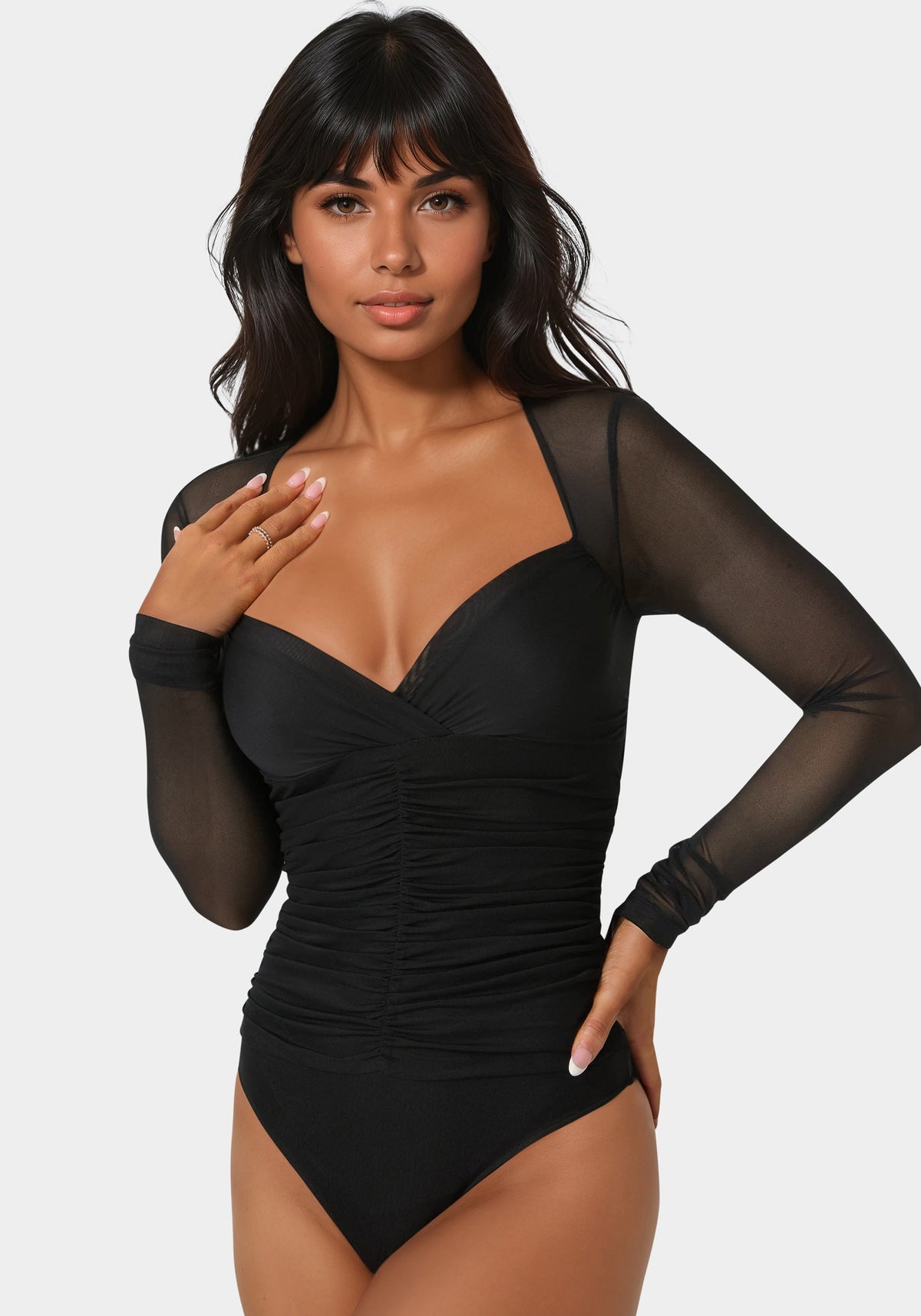 Shirred Mesh Bodysuit Black - bebe