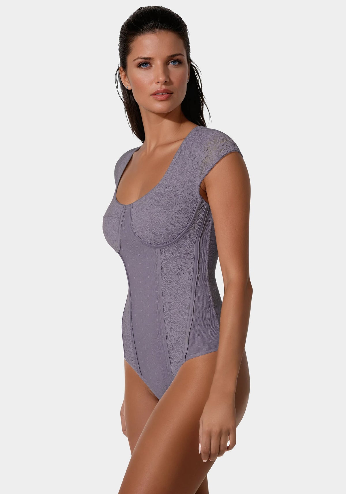 Swiss Dot Lace Bodysuit in Purple Ash - bebe Purple Ash - bebe
