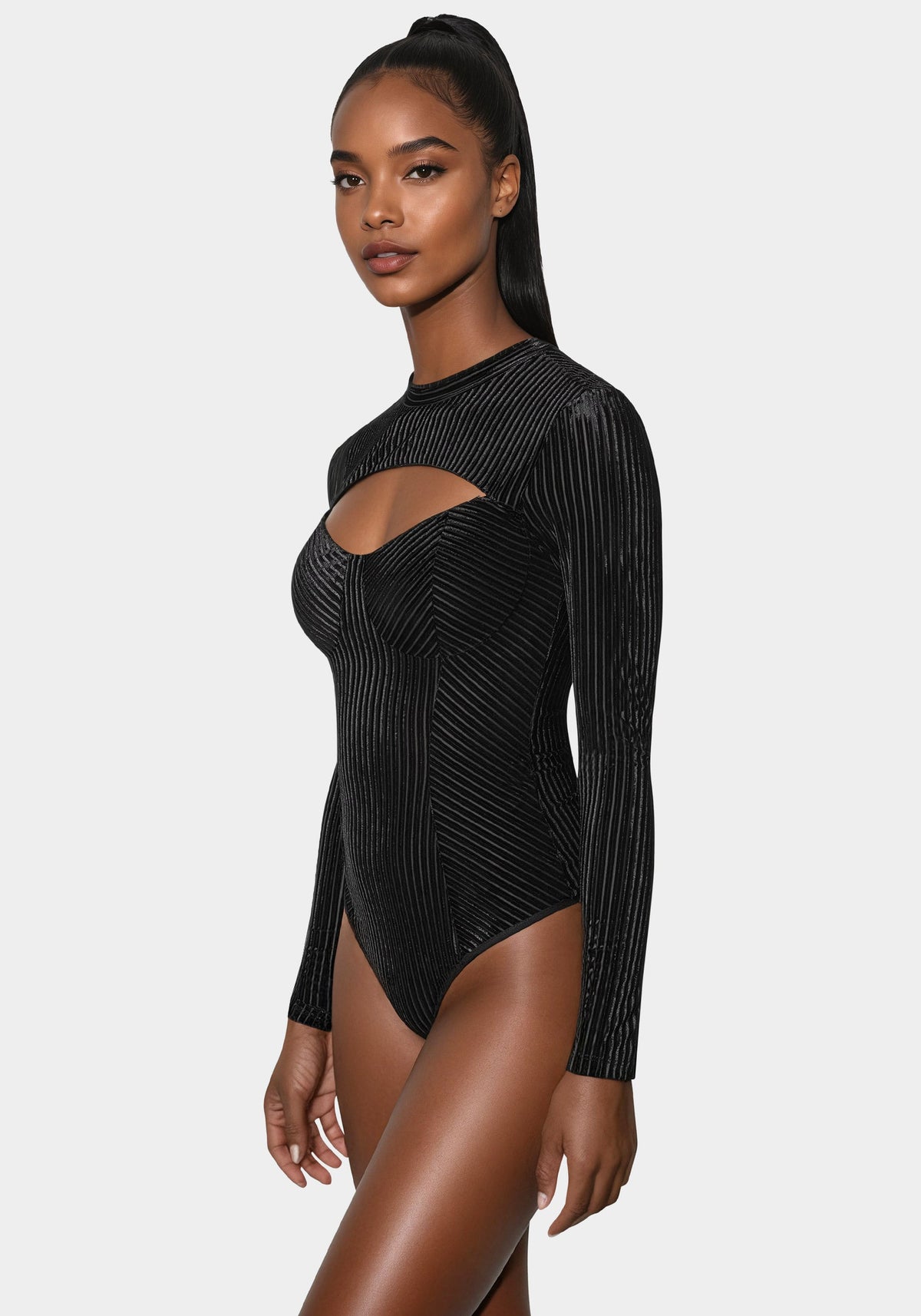 Shadow Stripe Velour Cutout Bodysuit Black - bebe