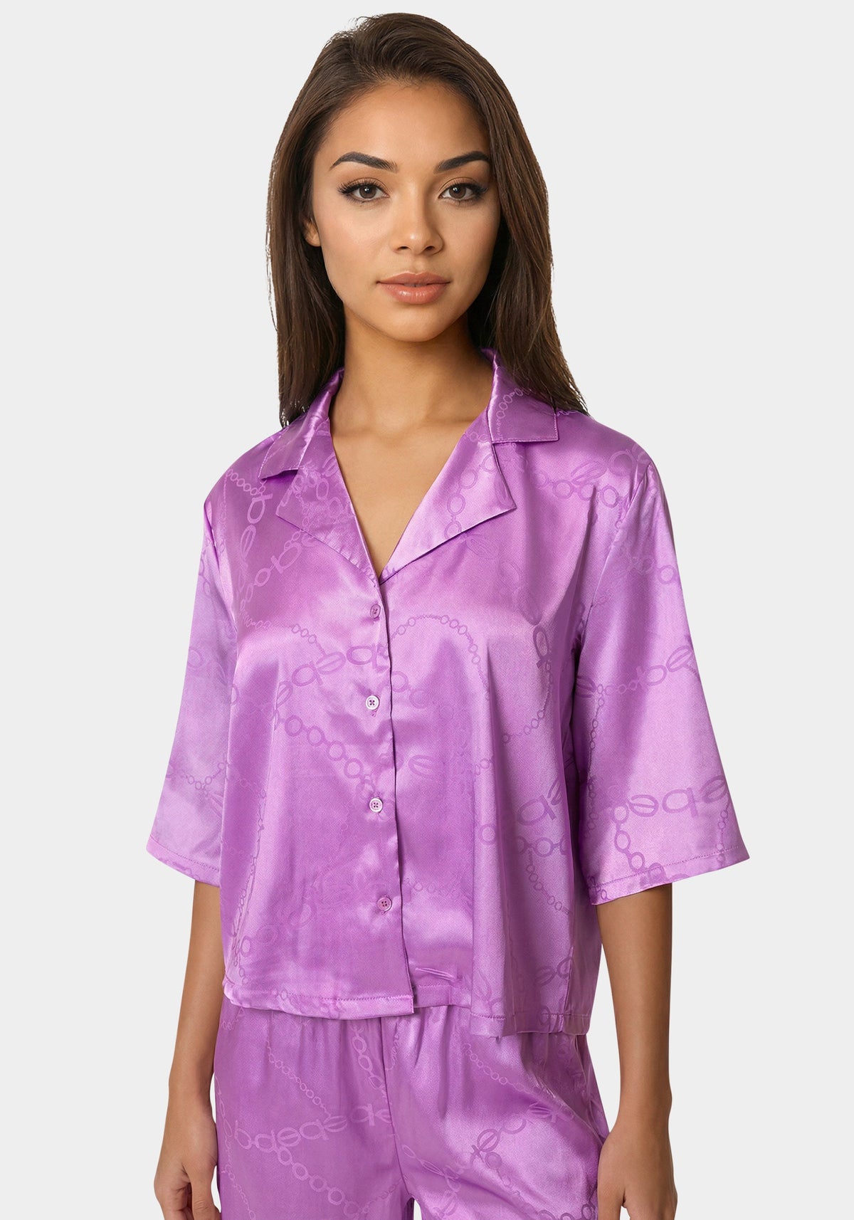 2pc Satin Notch Collar Pant Set Iris Orchid - bebe