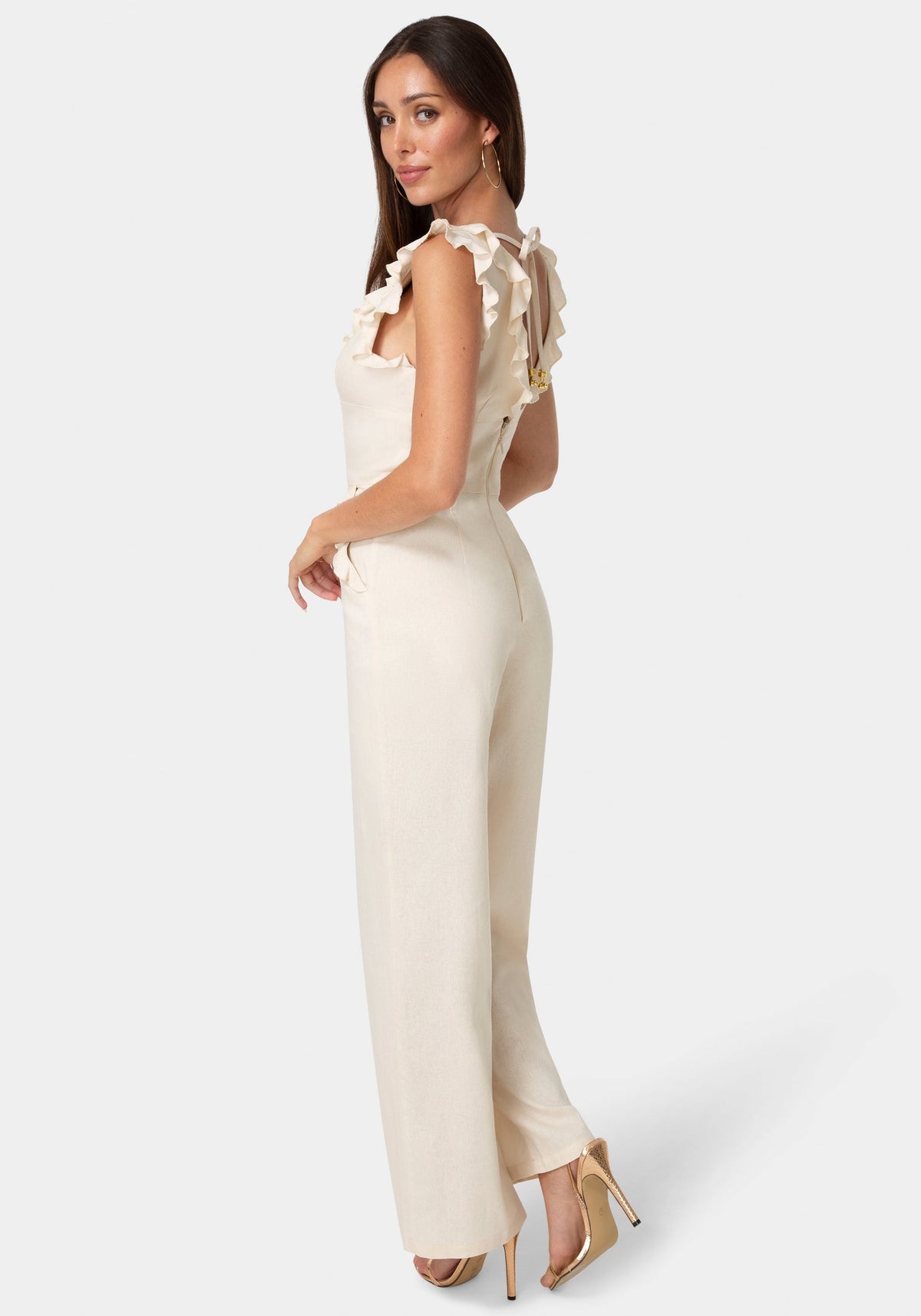 Linen Ruffled Palazzo Leg Jumpsuit Vanilla Heat - bebe