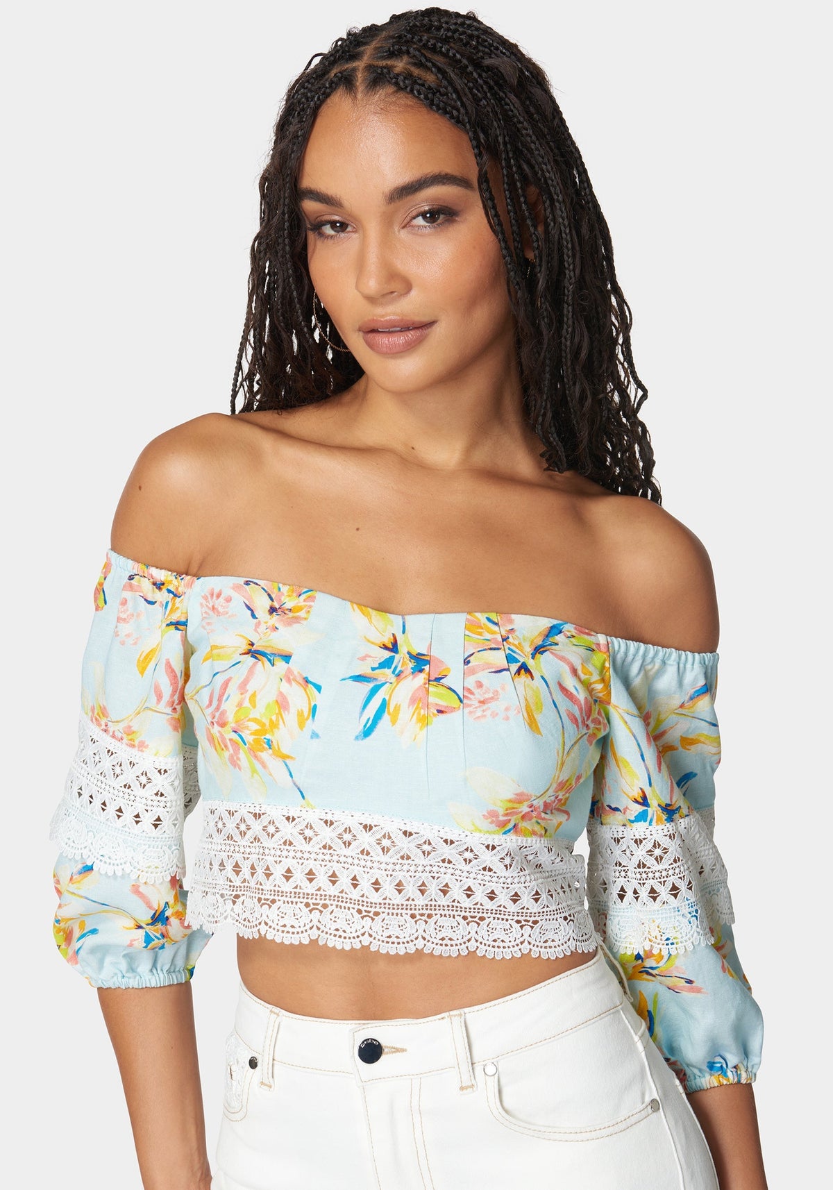 Off Shoulder Crochet Lace Detail Linen Top Bali Blooms Print - bebe