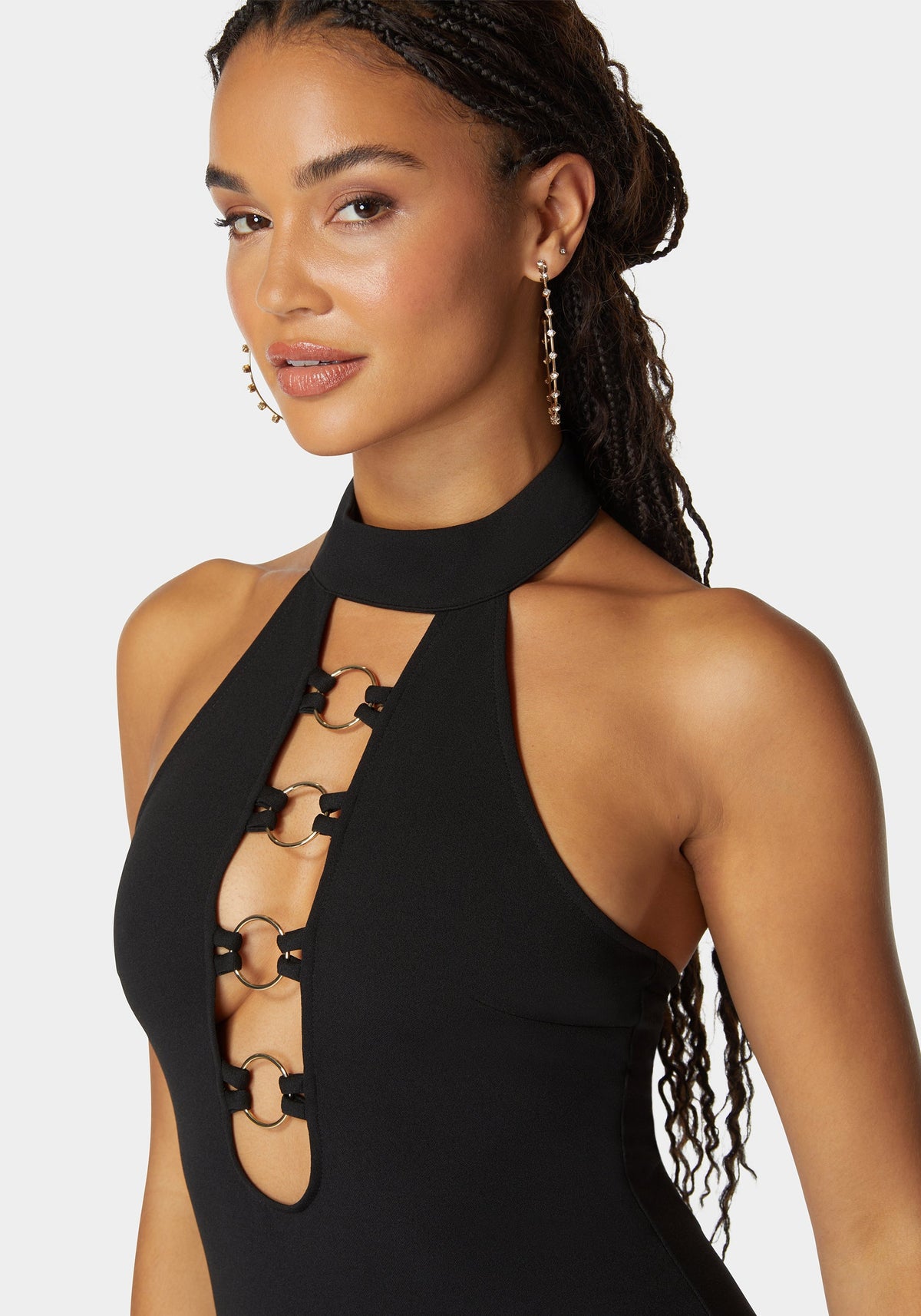 Ring Detail Plunge Neck Mini Dress Jet Black - bebe