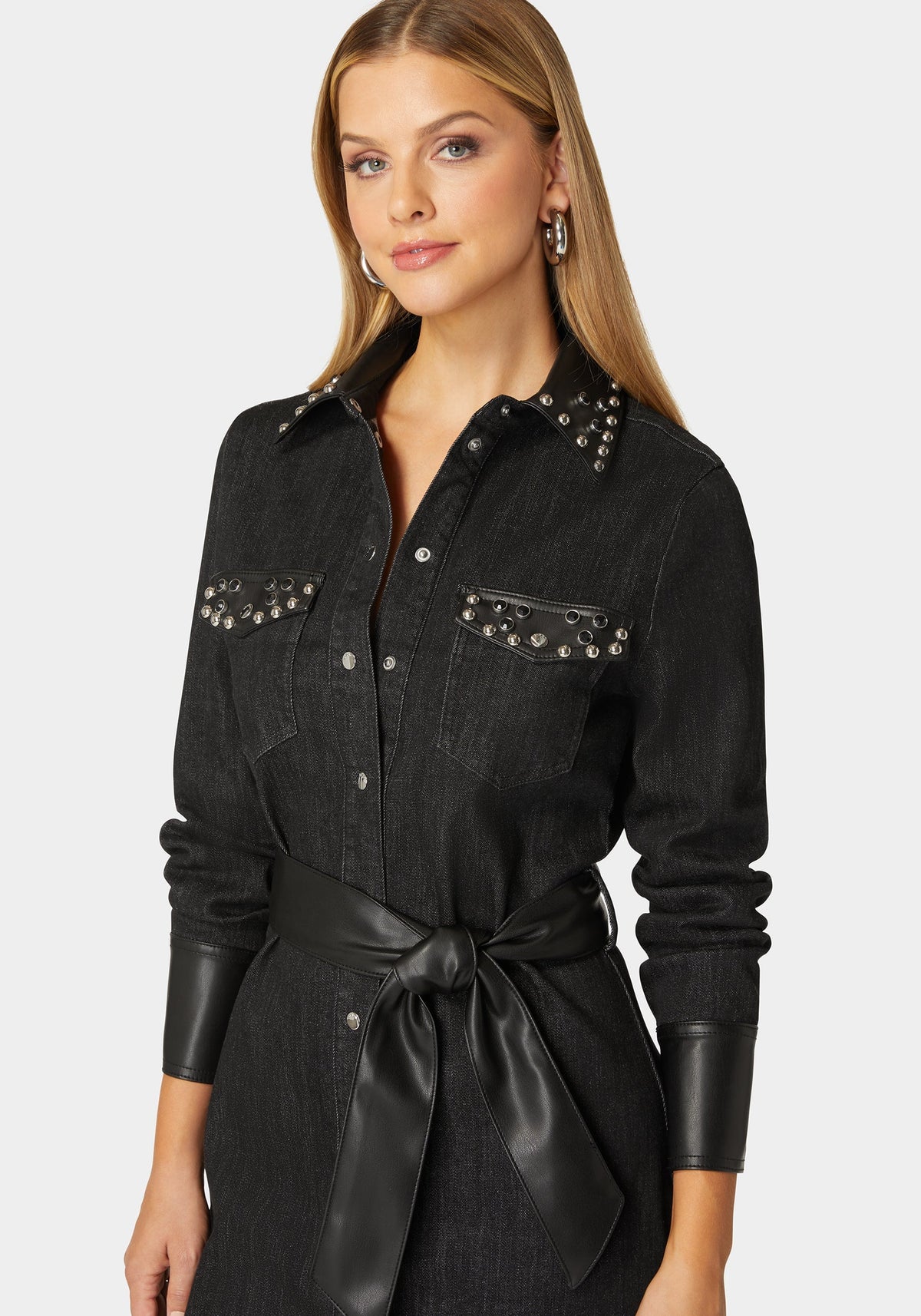 Fitted Combo Vegan Leather Studded Denim Shirt Dress Washed Out Black/Black - bebe