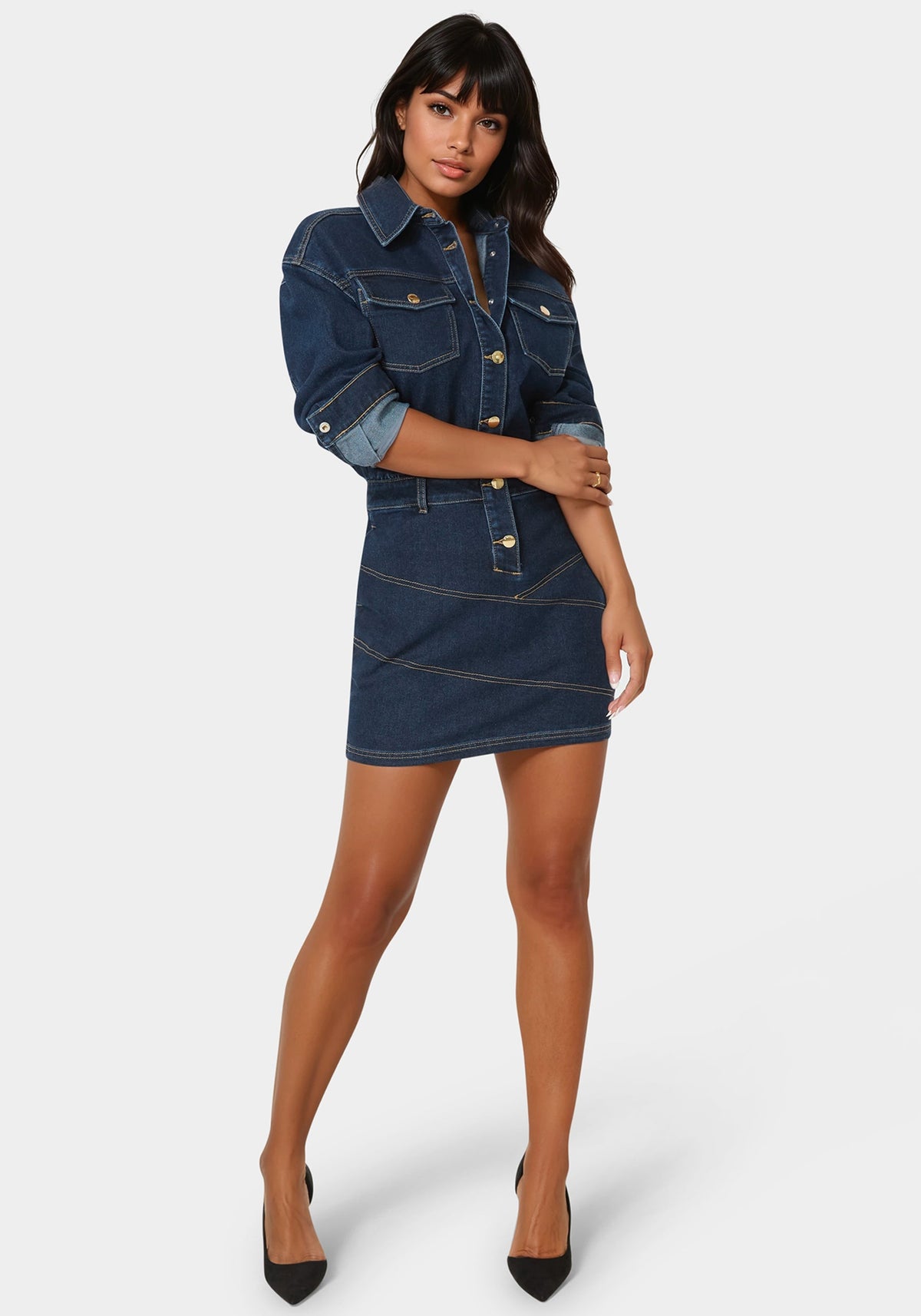 Shirt Denim Mini Dress Midnight Blue Wash - bebe
