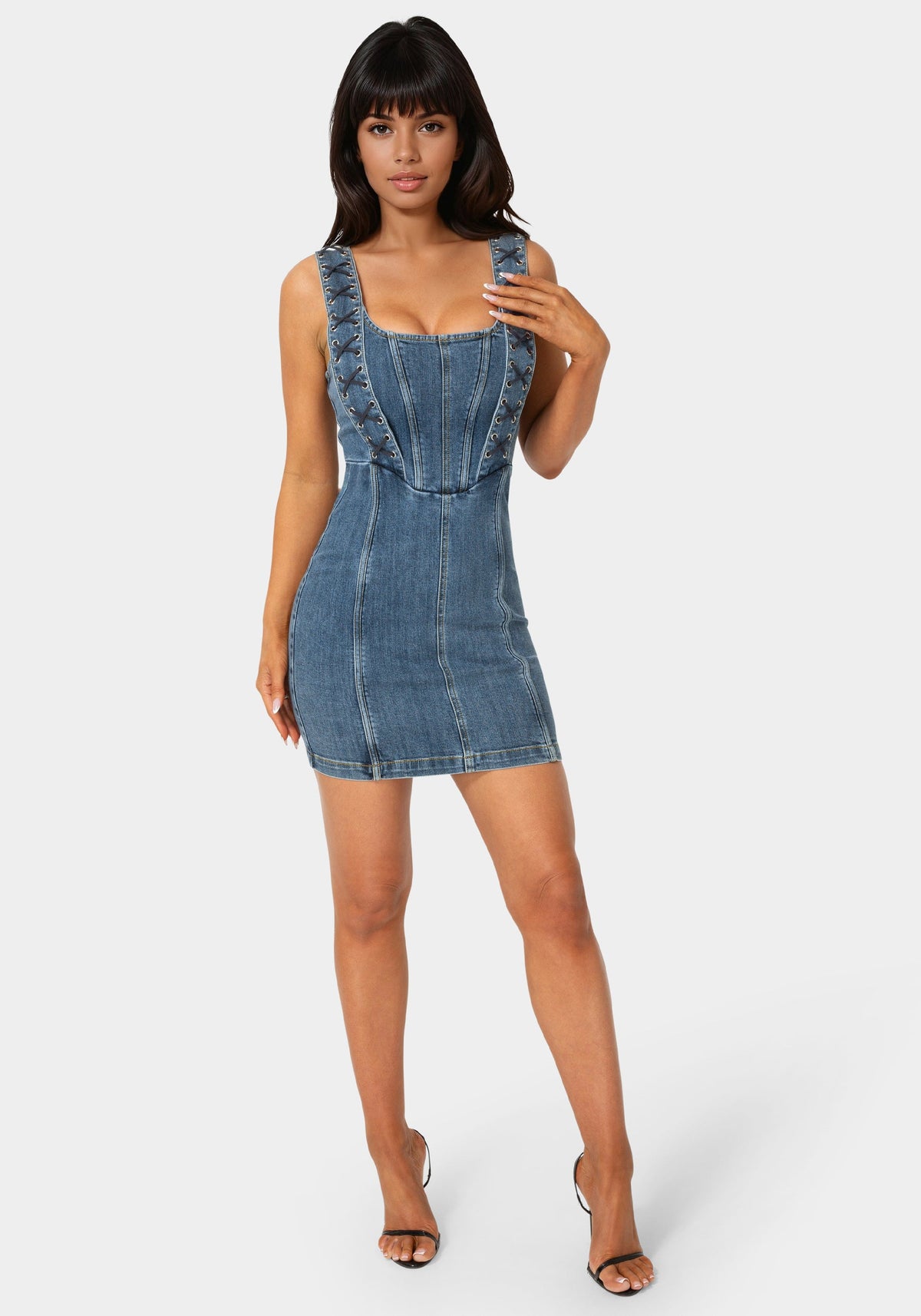Bow Fitted Eyelet Denim Dress Antique Indigo Wash - bebe