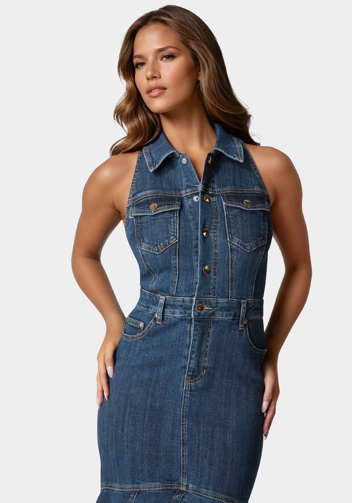 Halter Midi Denim Dress True Blue Wash - bebe