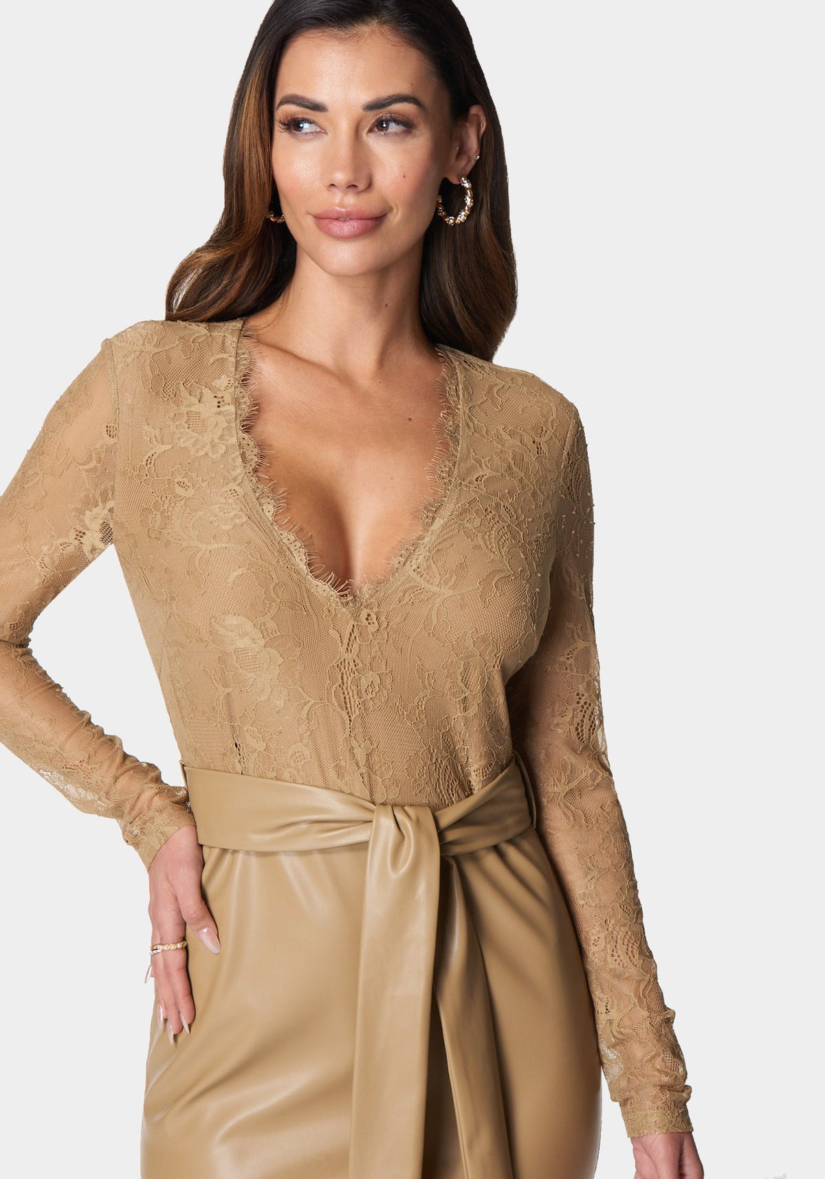 Vegan Leather Lace Midi Dress Camel - bebe Camel - bebe