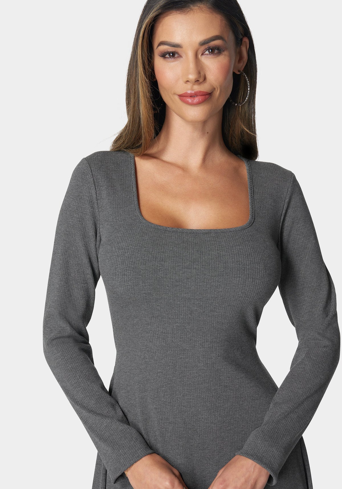 Rib Long Sleeve Godet Dress Charcoal - bebe