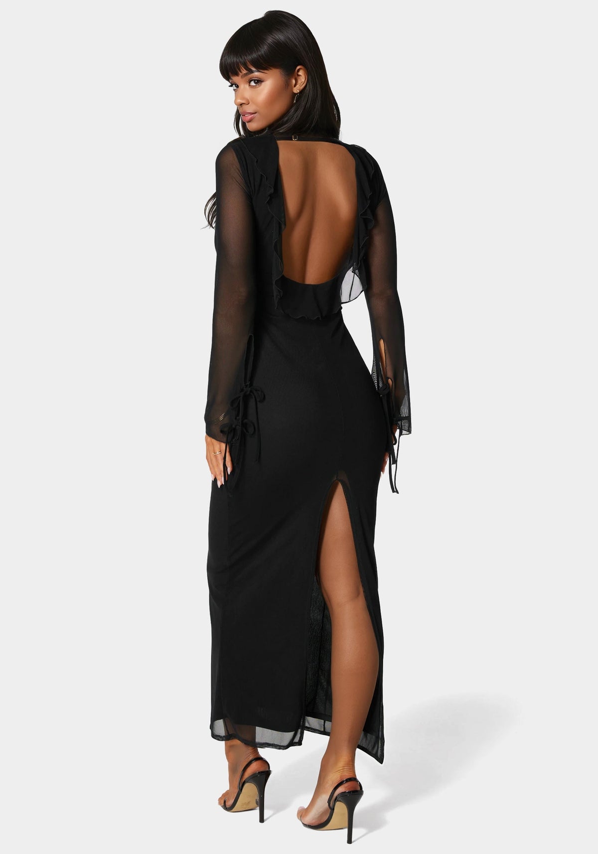 Ruffle Detail Mesh Maxi Dress Black - bebe