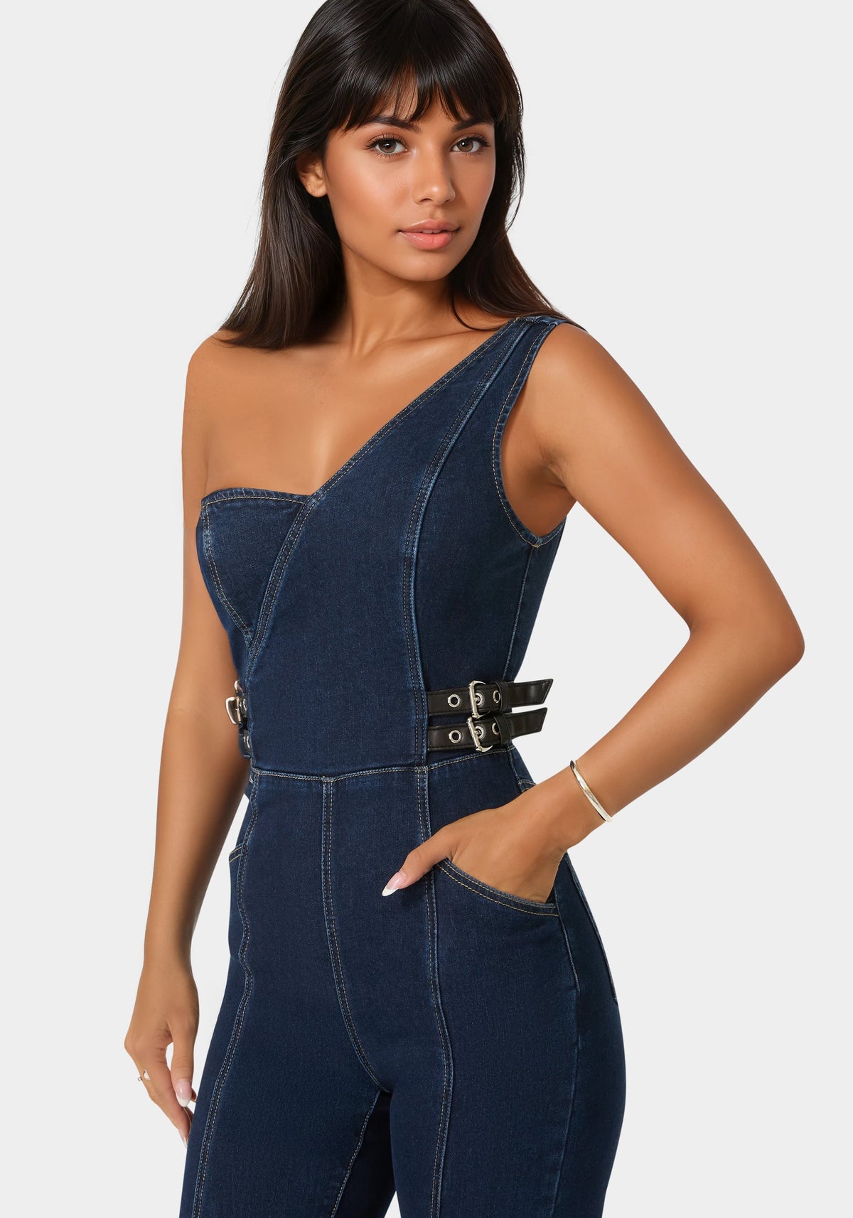 One Shoulder Straight Flare Leg Denim Jumpsuit Midnight Blue Wash - bebe