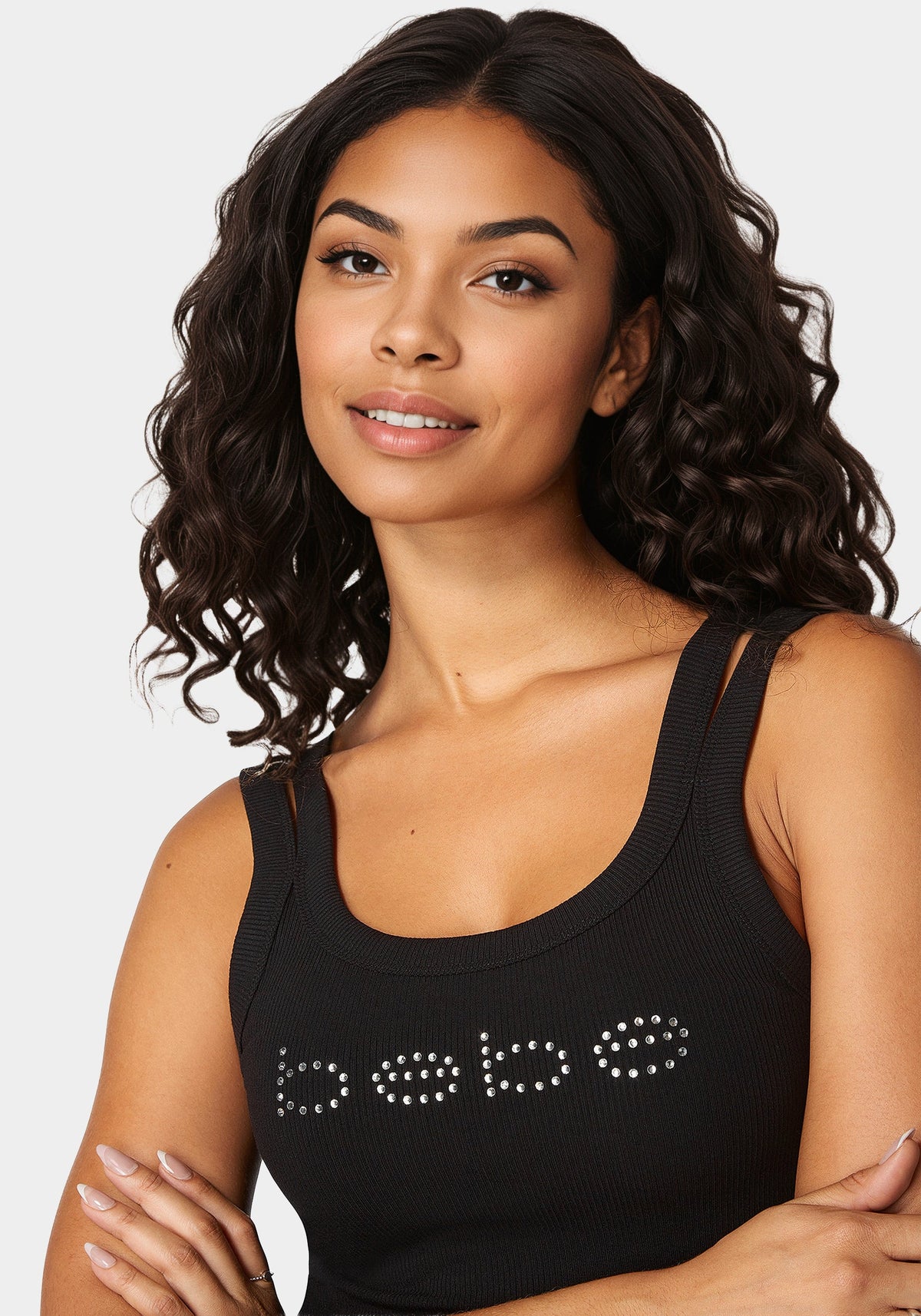 Bebe Logo Double Strap Single Stone Rib Top Black - bebe Black - bebe