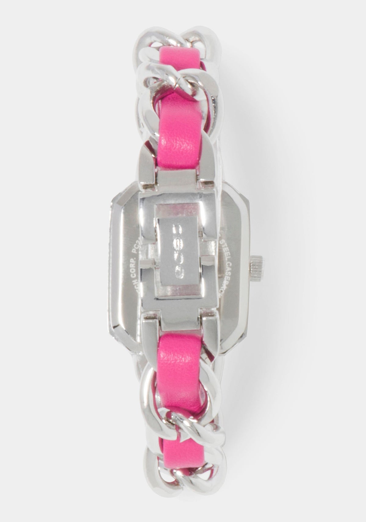 Pink Strap and Silver Metal Chain Link Bracelet Watch Hot Pink/Silver - bebe