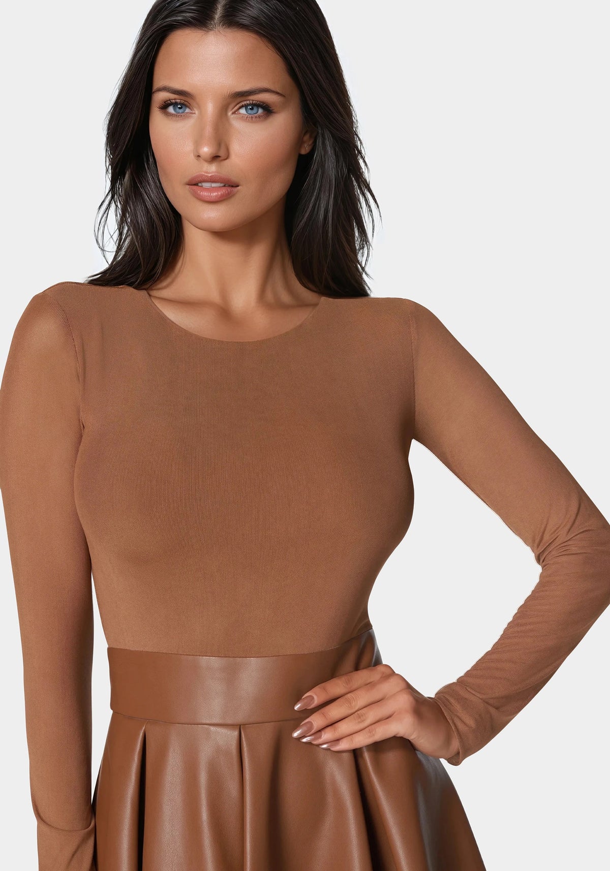 Faux Leather Flare Dress Warm Caramel - bebe Warm Caramel - bebe