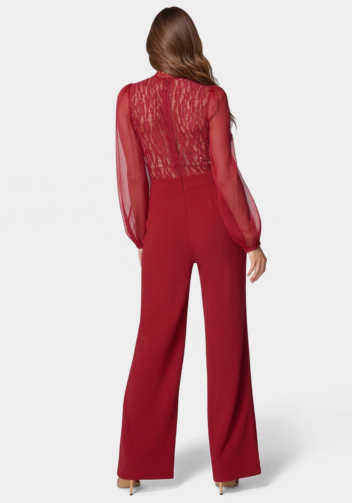 Lace Top Straight Leg Jumpsuit Scarlet - bebe
