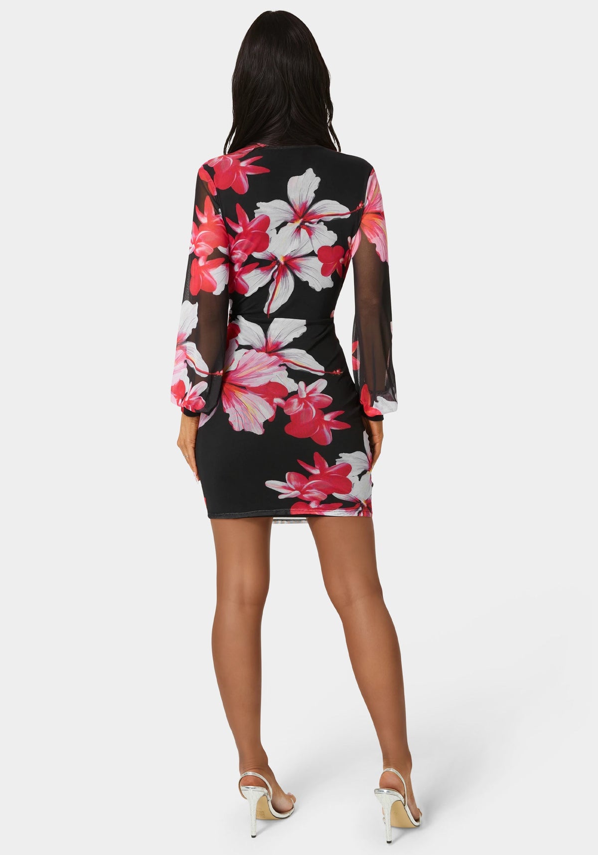 Long Sleeve Ruched Mesh Mini Dress Hibiscus Tossed - bebe