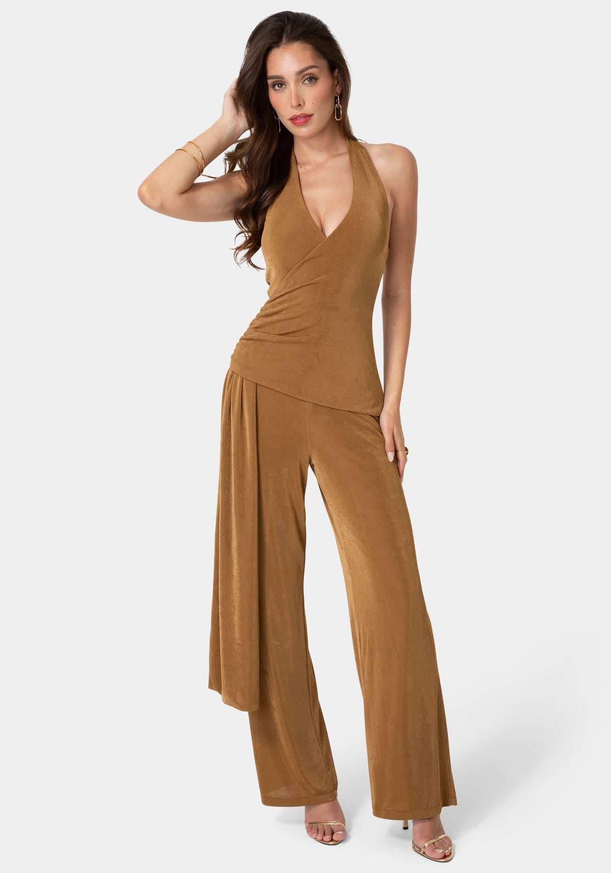 Slinky Drop Waist Halter Jumpsuit Bronze - bebe