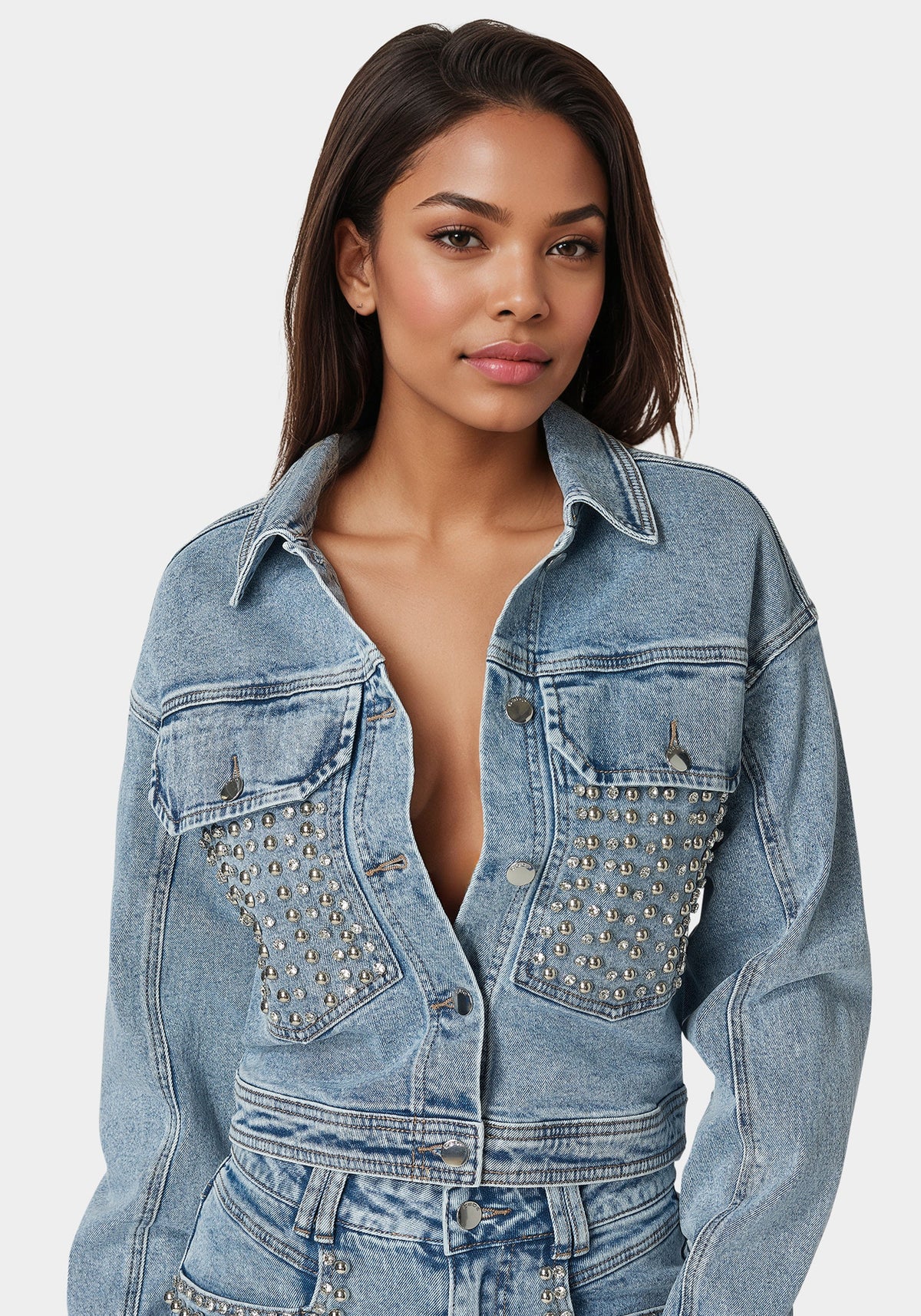 Studded Denim Jacket Silver Lake Wash - bebe