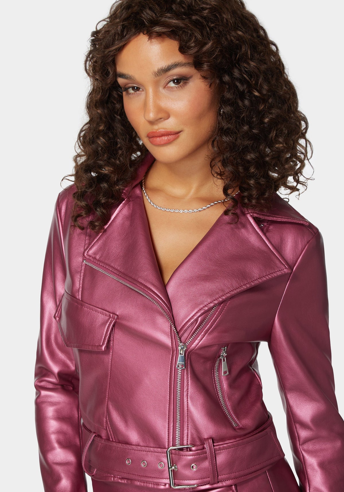 Metallic Vegan Leather Zipper Detail Moto Jacket Pink Rose - bebe