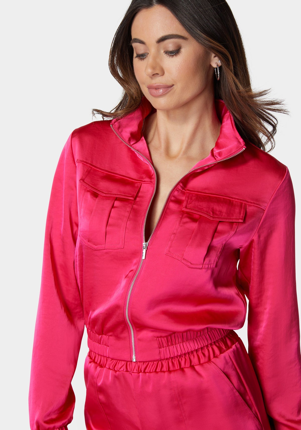 Laundered Satin Front Patch Pocket Bomber Jacket Cabaret - bebe