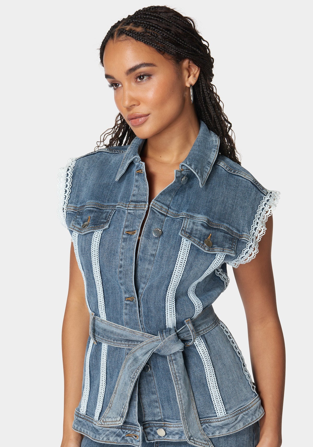 Semi Fitted Lace Applique Denim Vest River Blue Wash - bebe