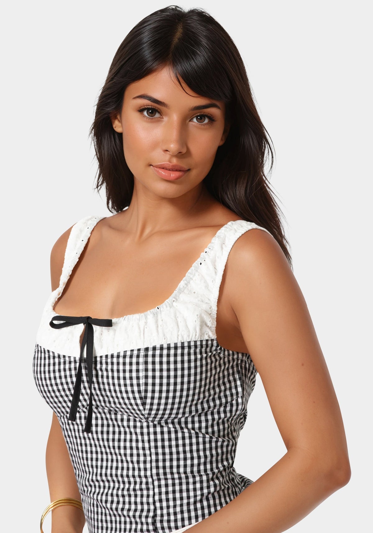 Gingham Front Tie Top White/Black - bebe