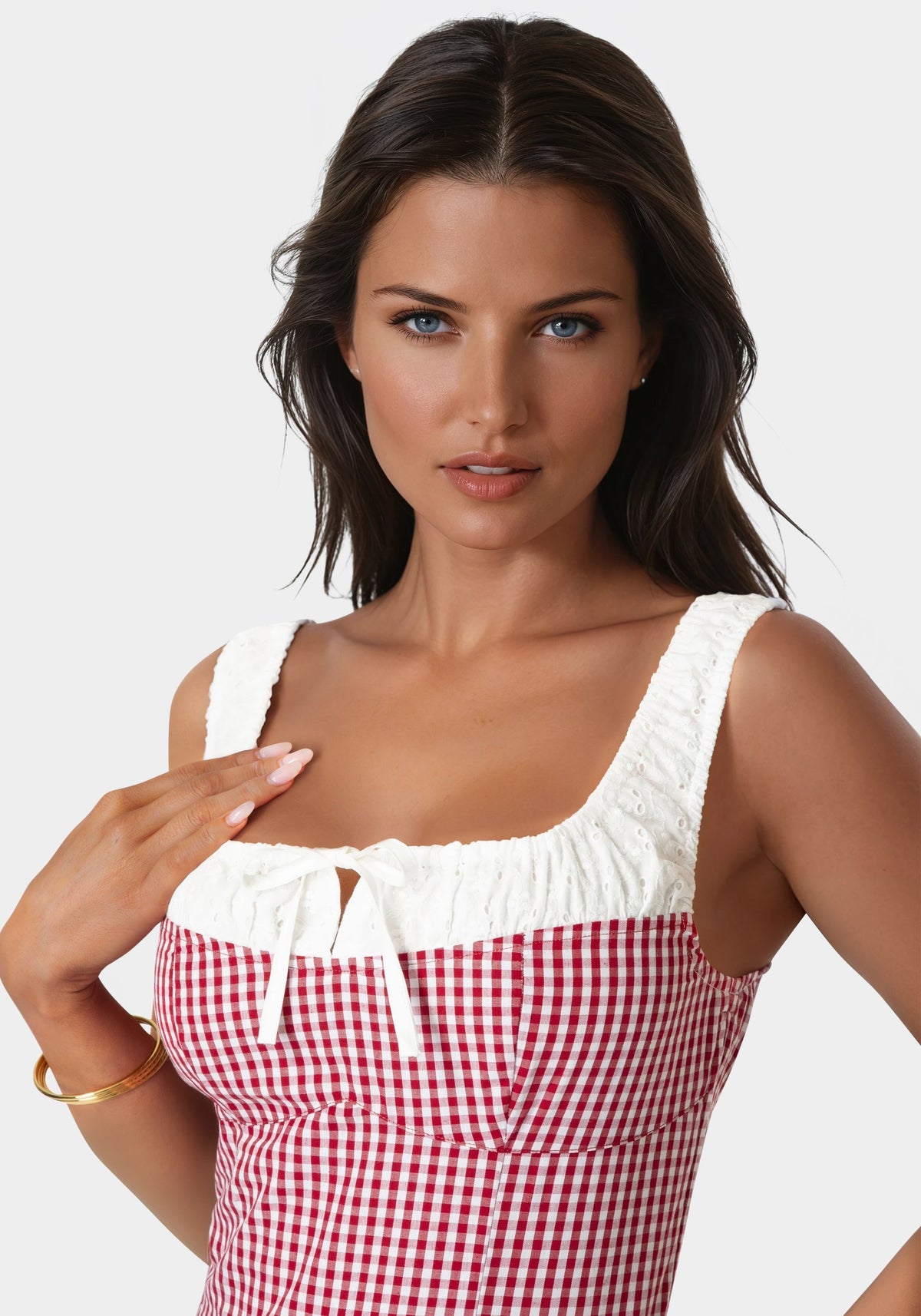 Gingham Front Tie Top White/Sunset Clay - bebe