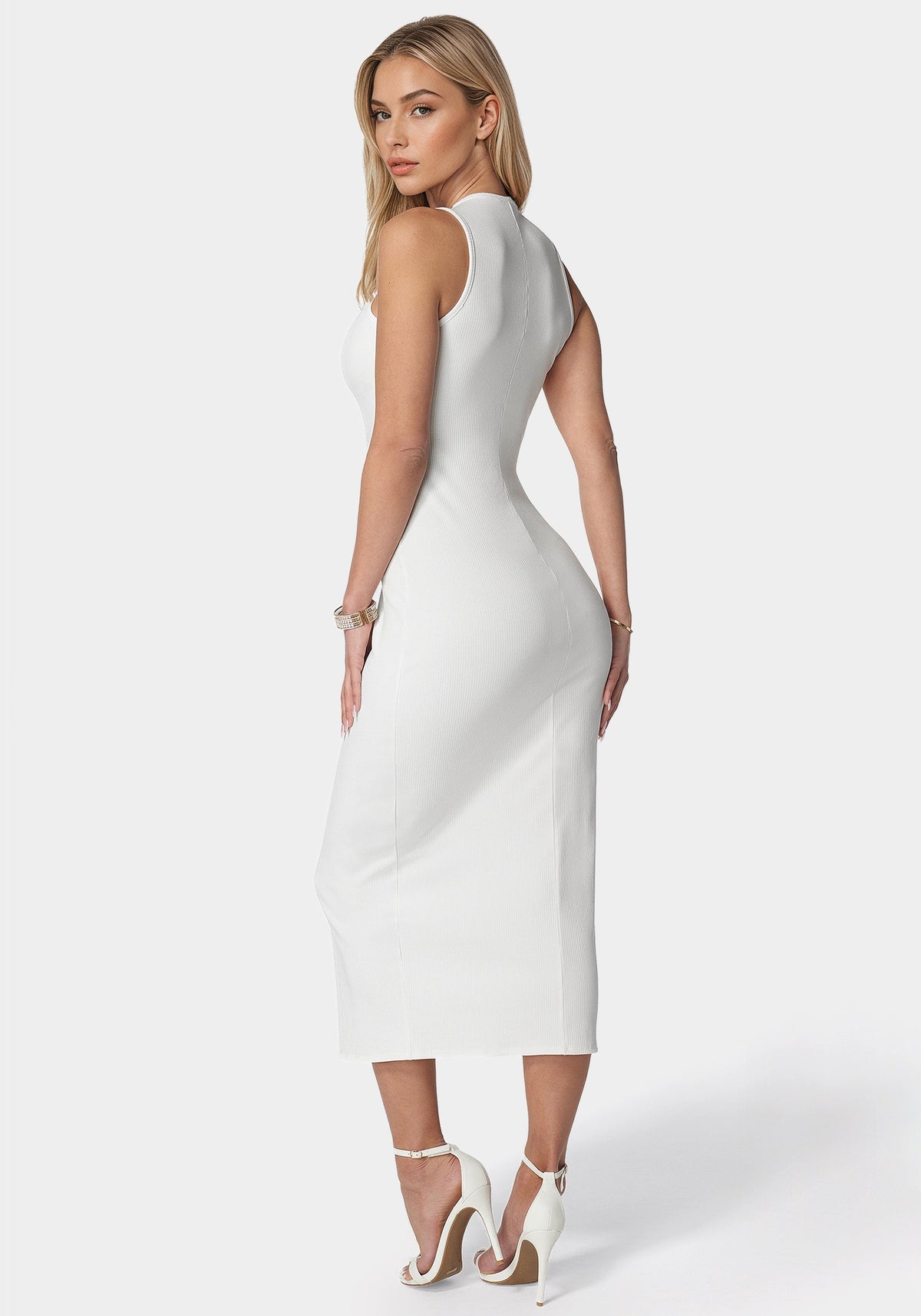 Rib Sleeveless Midi Dress White - bebe