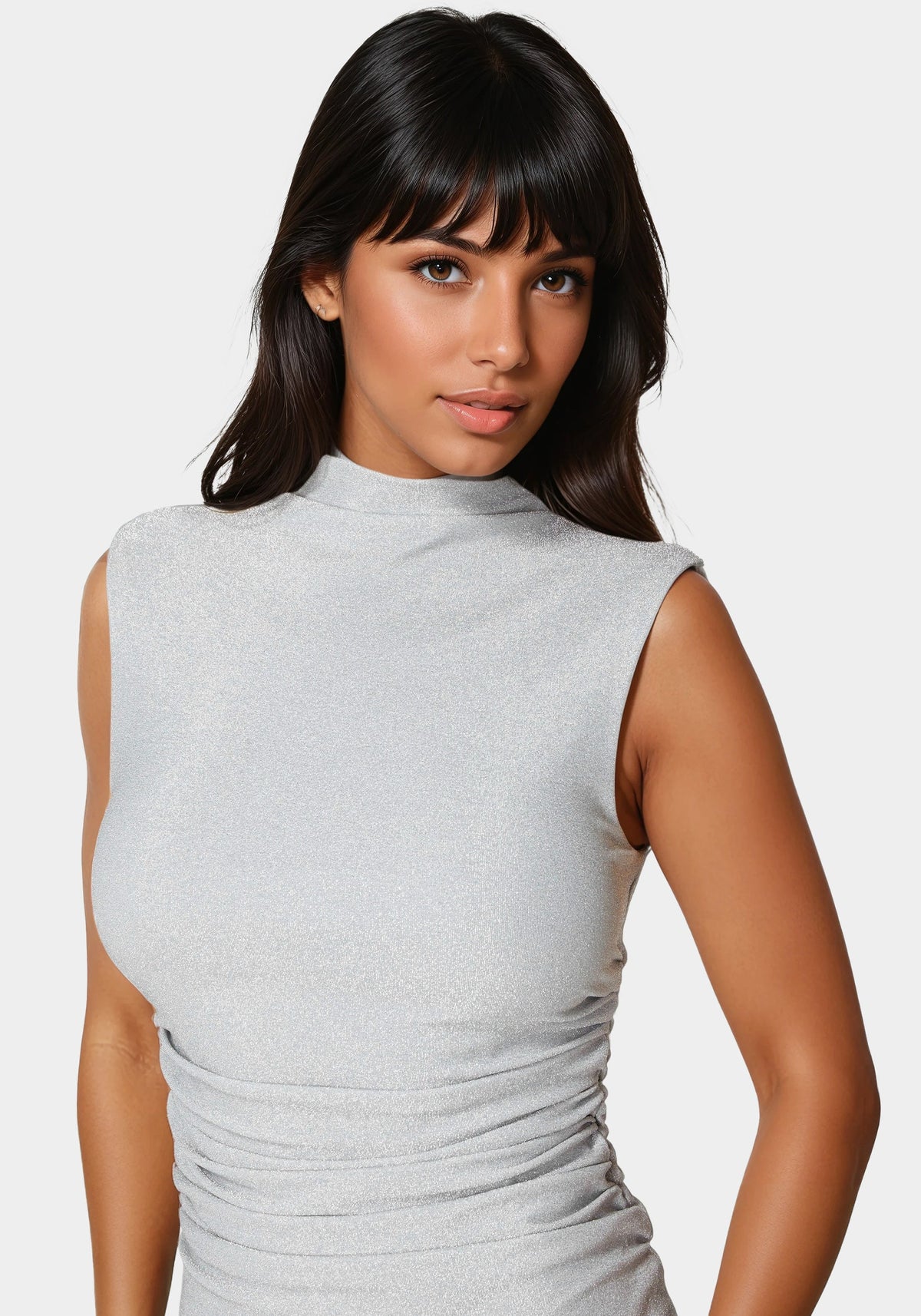 Milan Metallic Drape Neck Shirred Dress Silver - bebe
