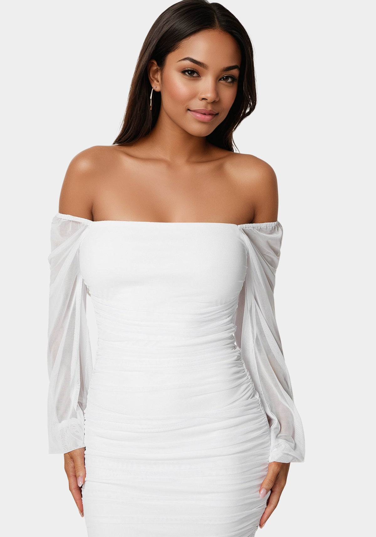 Blouson Sleeve Ruched Mini Dress White - bebe White - bebe