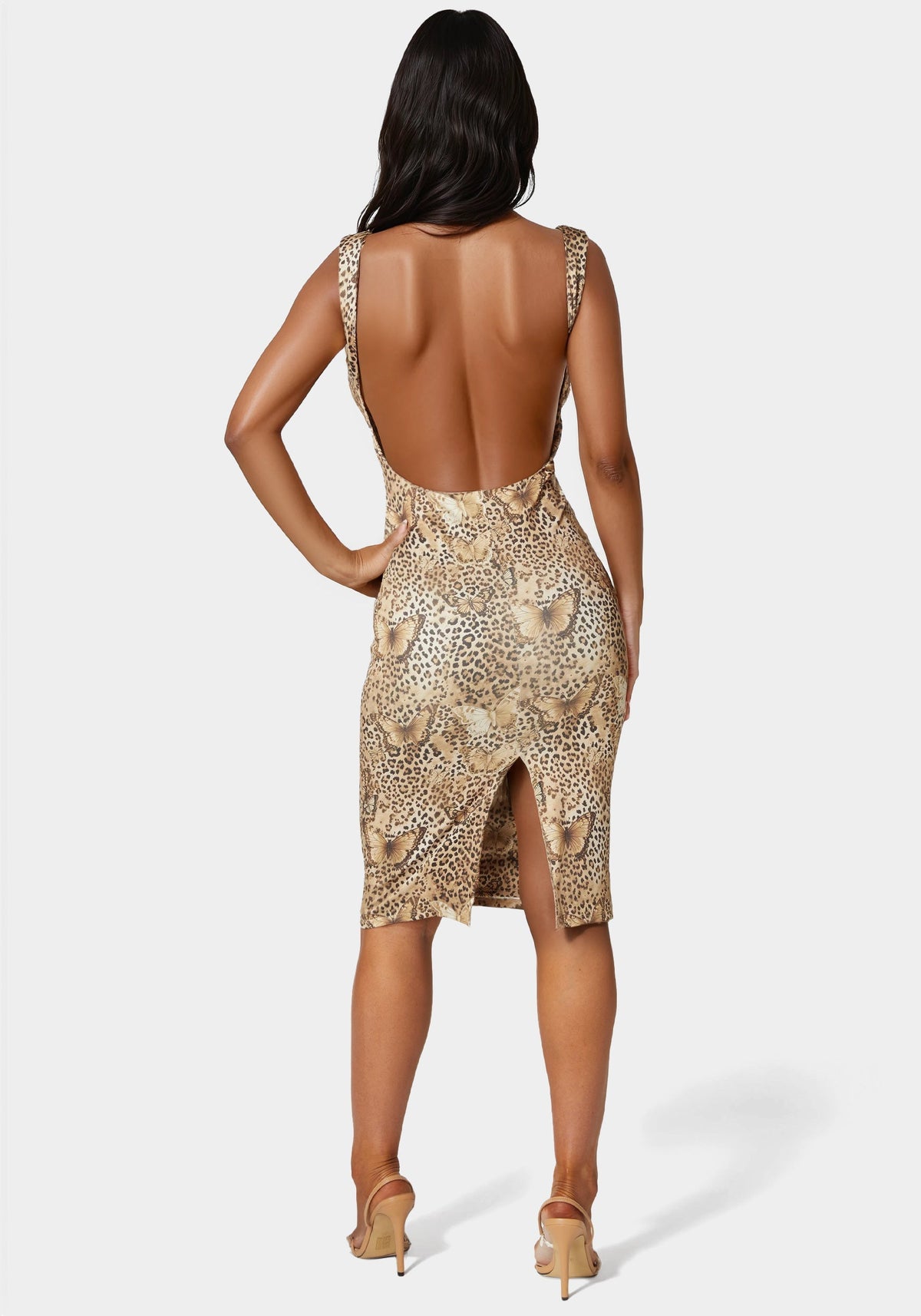 High Neck Open Back Midi Dress Leopard Butterfly - bebe Leopard Butterfly - bebe