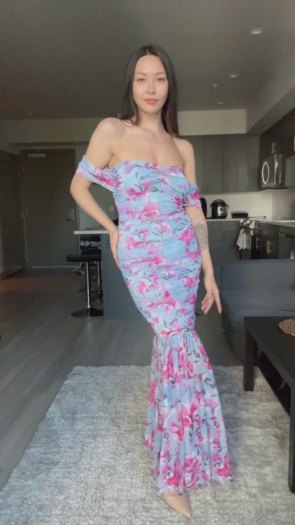 Off Shoulder Ruched Mesh Gown Watercolor Floral - bebe Watercolor Floral - bebe