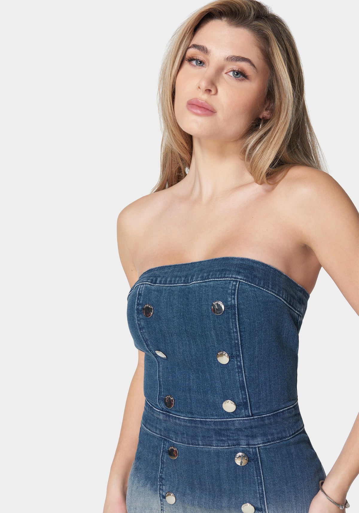 Strapless Ombre Fitted Denim Dress True Blue Ombre Wash - bebe