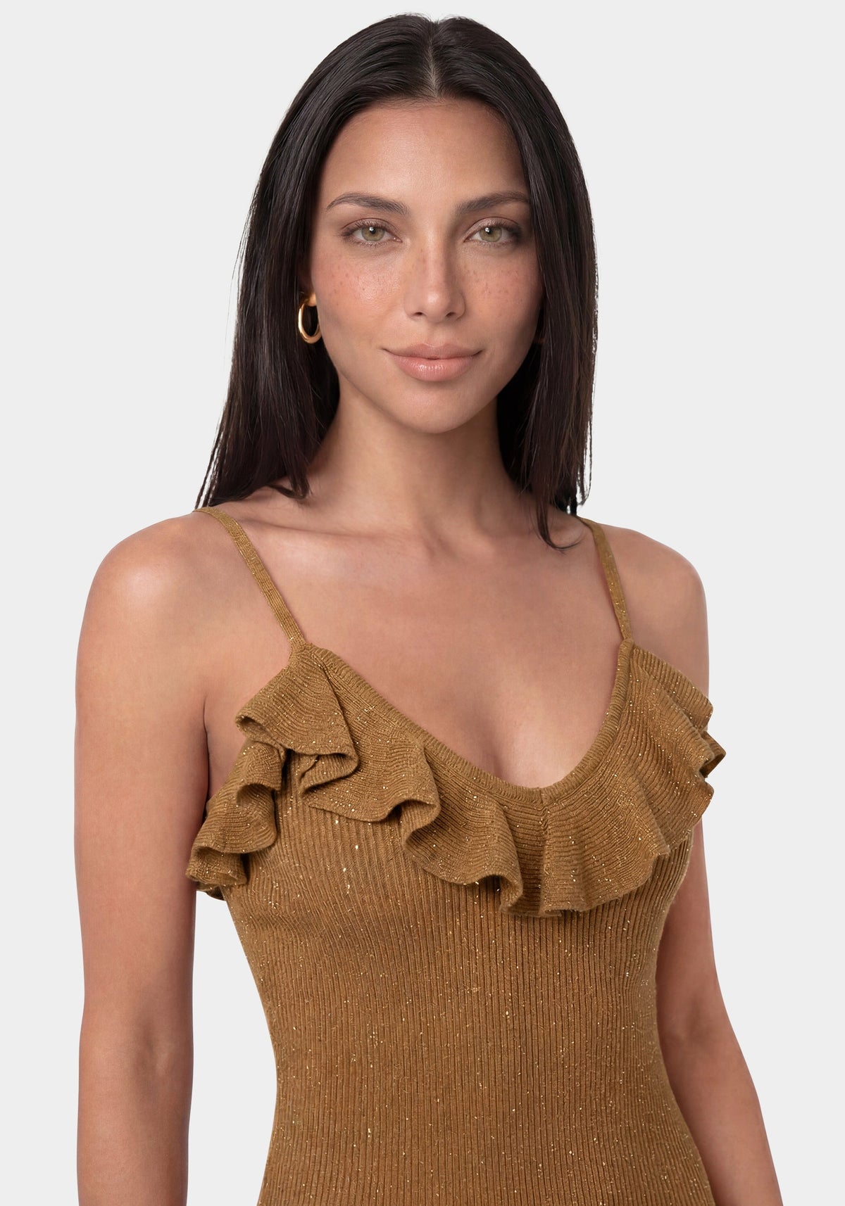 Sequin Crochet Ruffle Neck Gown Gold - bebe