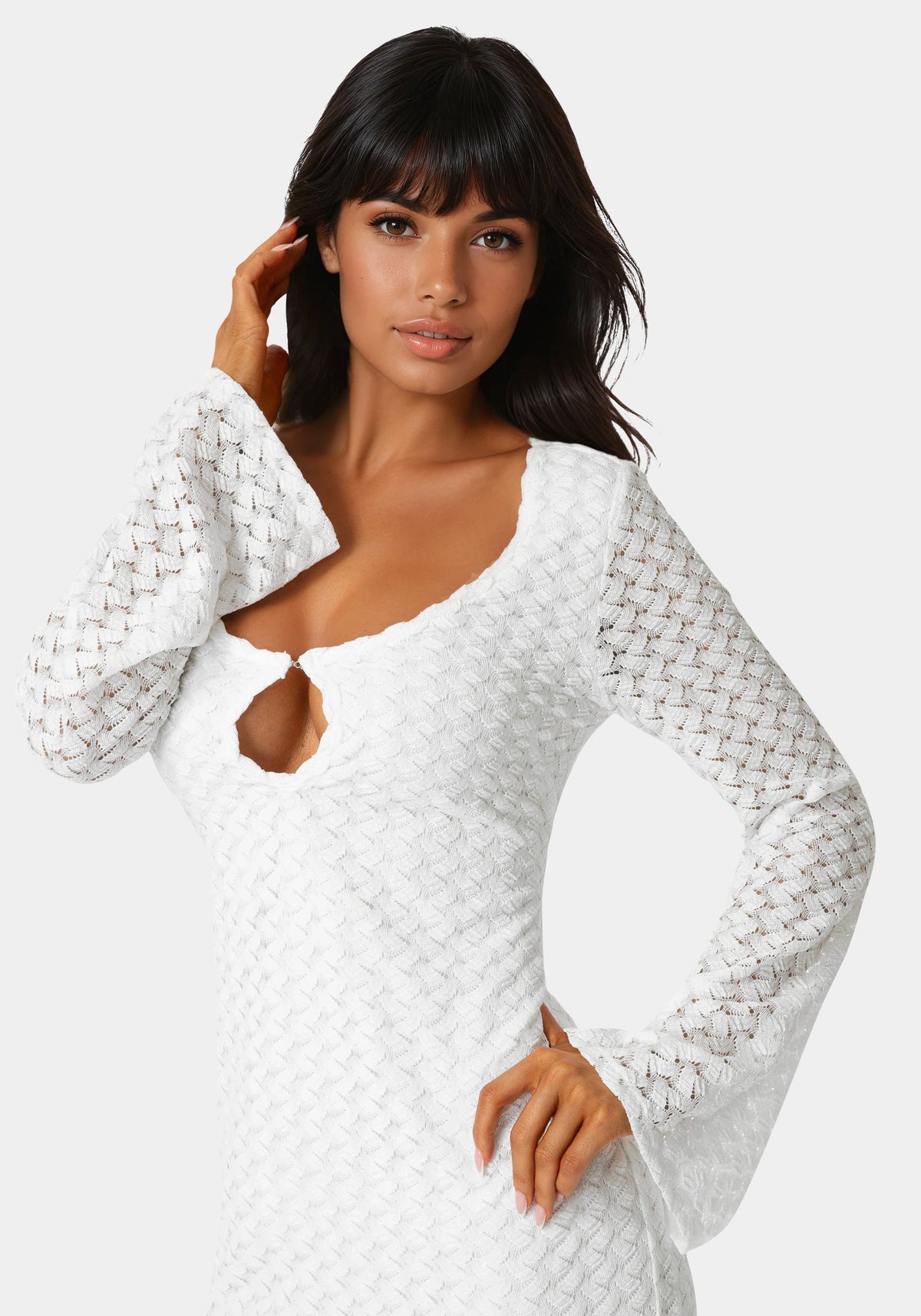 Long Sleeve Cutout Crochet Maxi Dress White - bebe