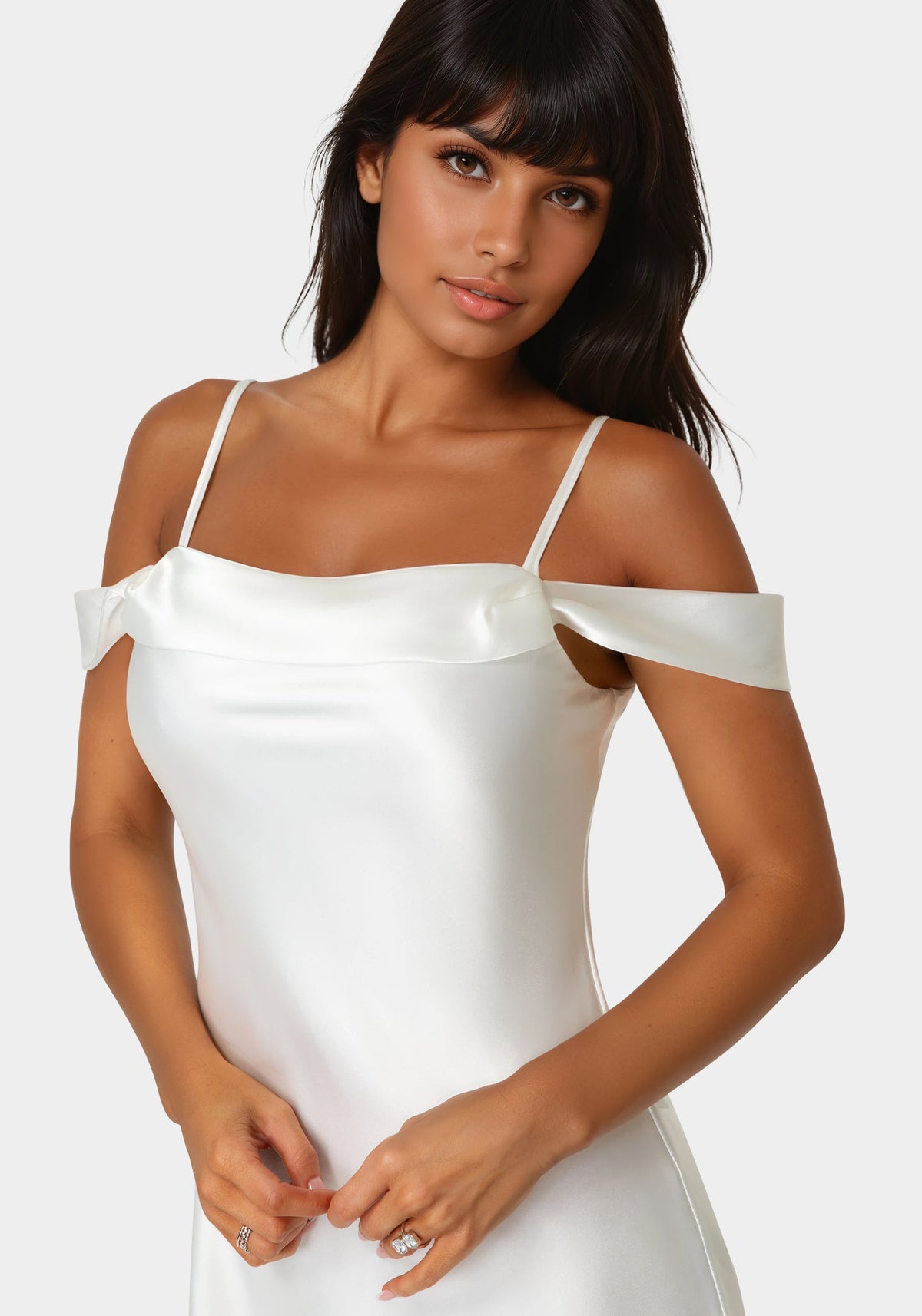 Drape Shoulder High Slit Satin Maxi Dress Ivory - bebe