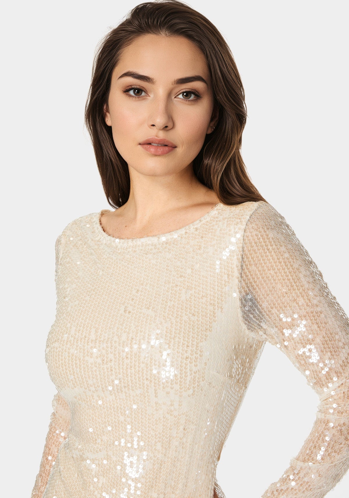 Cowl Back Sequin Mini Dress Shell - bebe Shell - bebe