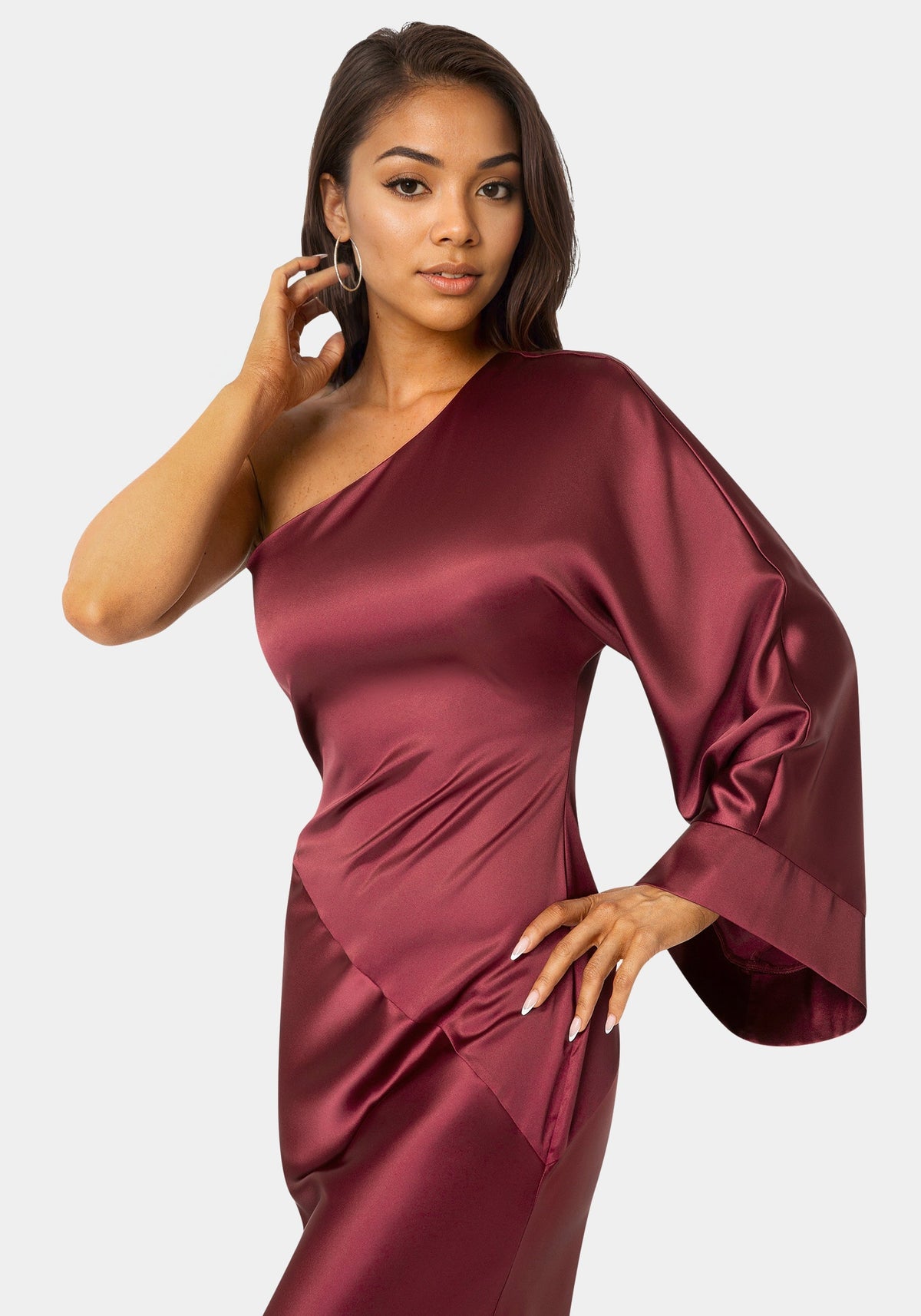 One Shoulder Bell Sleeve Satin Maxi Dress Wine - bebe
